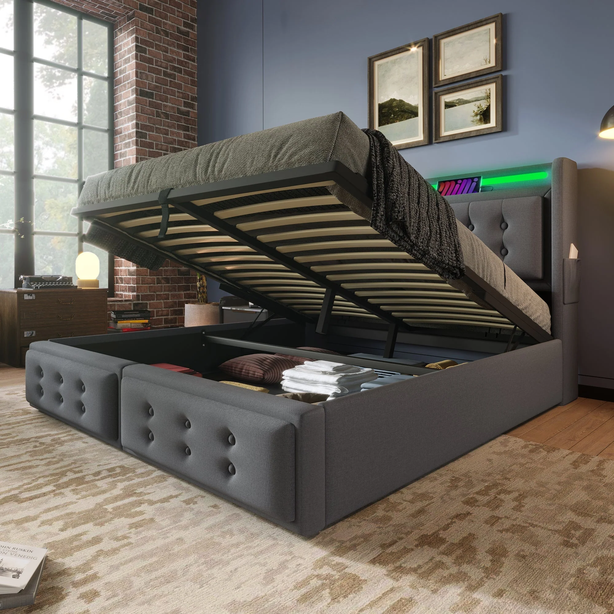 Upholstered Bed 140x200, Hydraulic Storage LED/USB Headboard, Grey Cotton (with Mattress) - Image 8