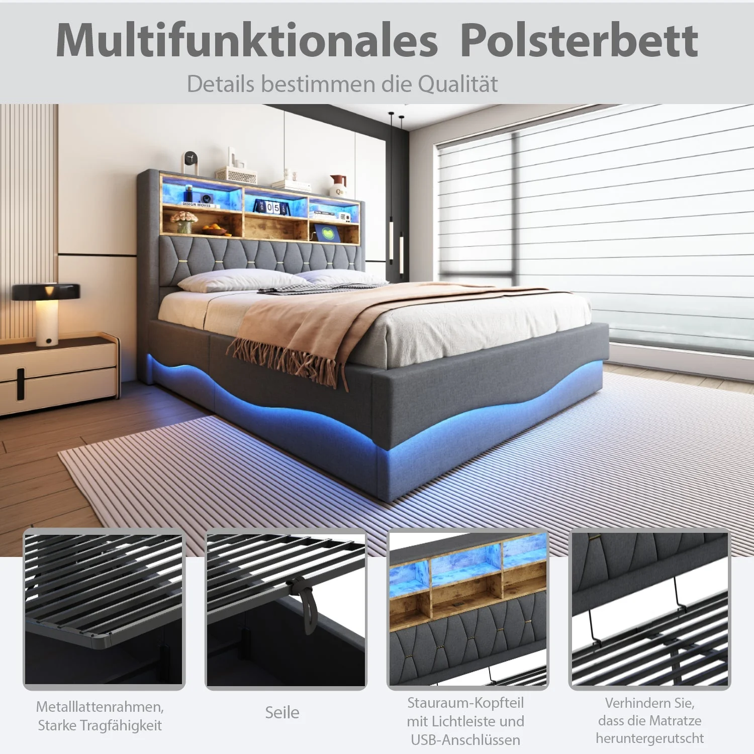Upholstered Bed 140x200 Hydraulic Storage LED/USB Slatted Frame, Linen Grey - Image 8