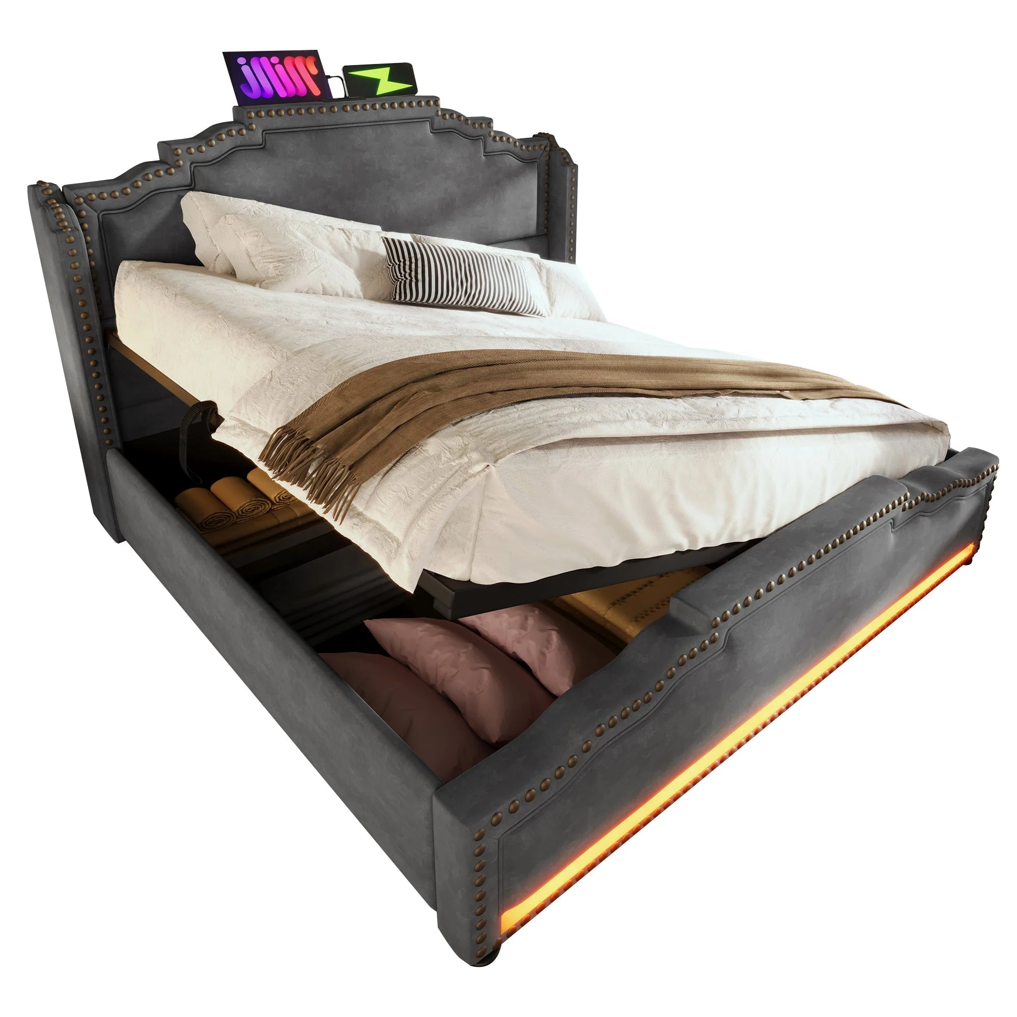Upholstered Bed 140x200 Hydraulic Storage LED/USB Slatted Frame, Velvet Grey - Image 8