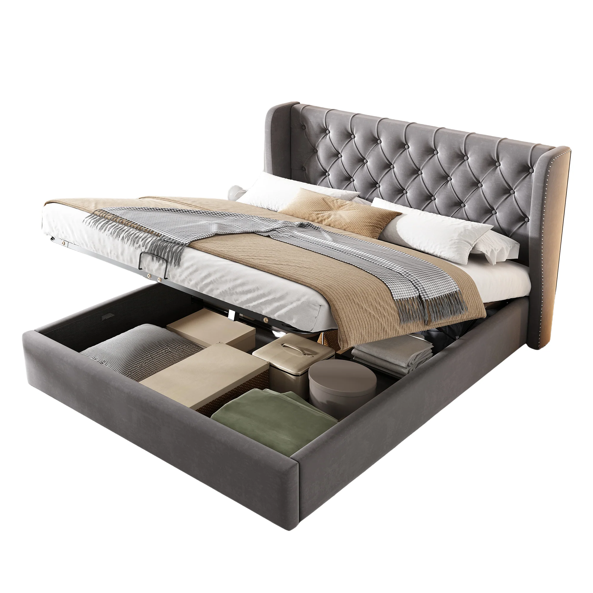 Upholstered Bed 140x200 Hydraulic Storage Slatted Frame with Ear Shape & Button Seams - Velvet Grey - Image 7