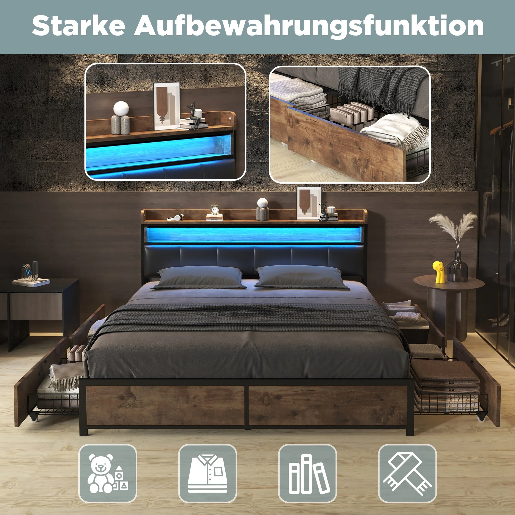 Upholstered Bed 140x200 LED 4-Drawer Storage PU Black - Image 8
