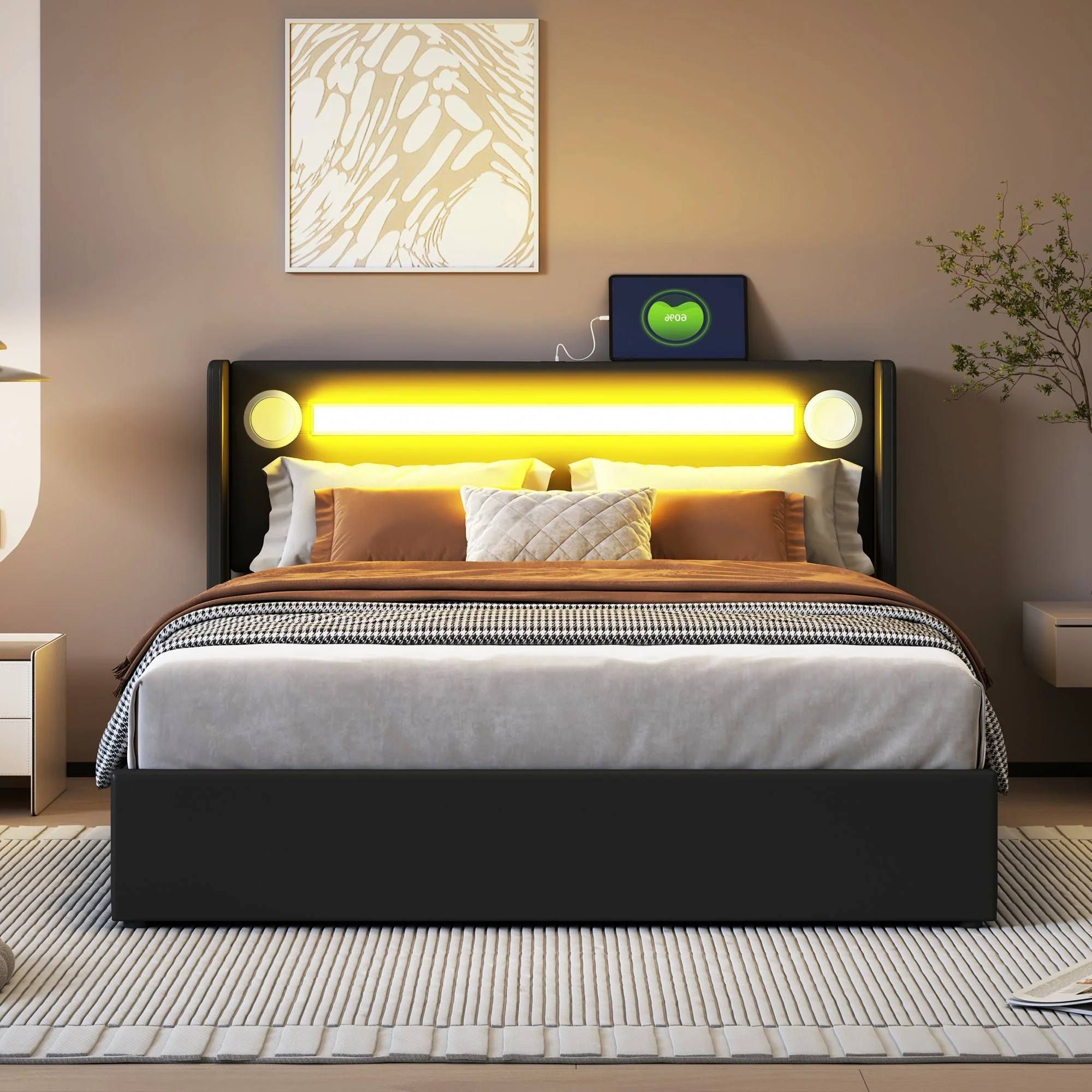 Upholstered Bed, 140x200 LED, Bluetooth & USB, PU Leather Black - Image 4