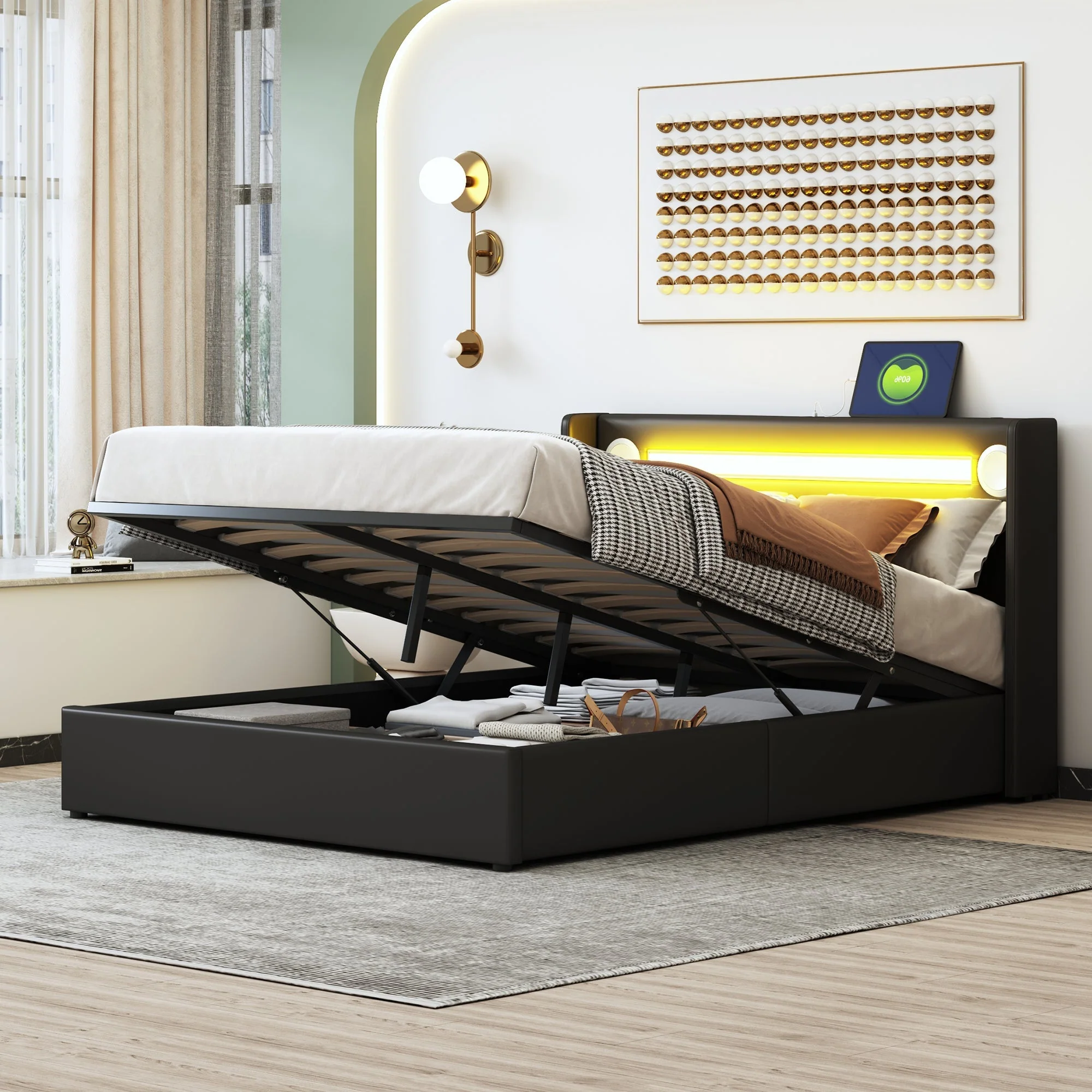Upholstered Bed, 140x200 LED, Bluetooth & USB, PU Leather Black - Image 6