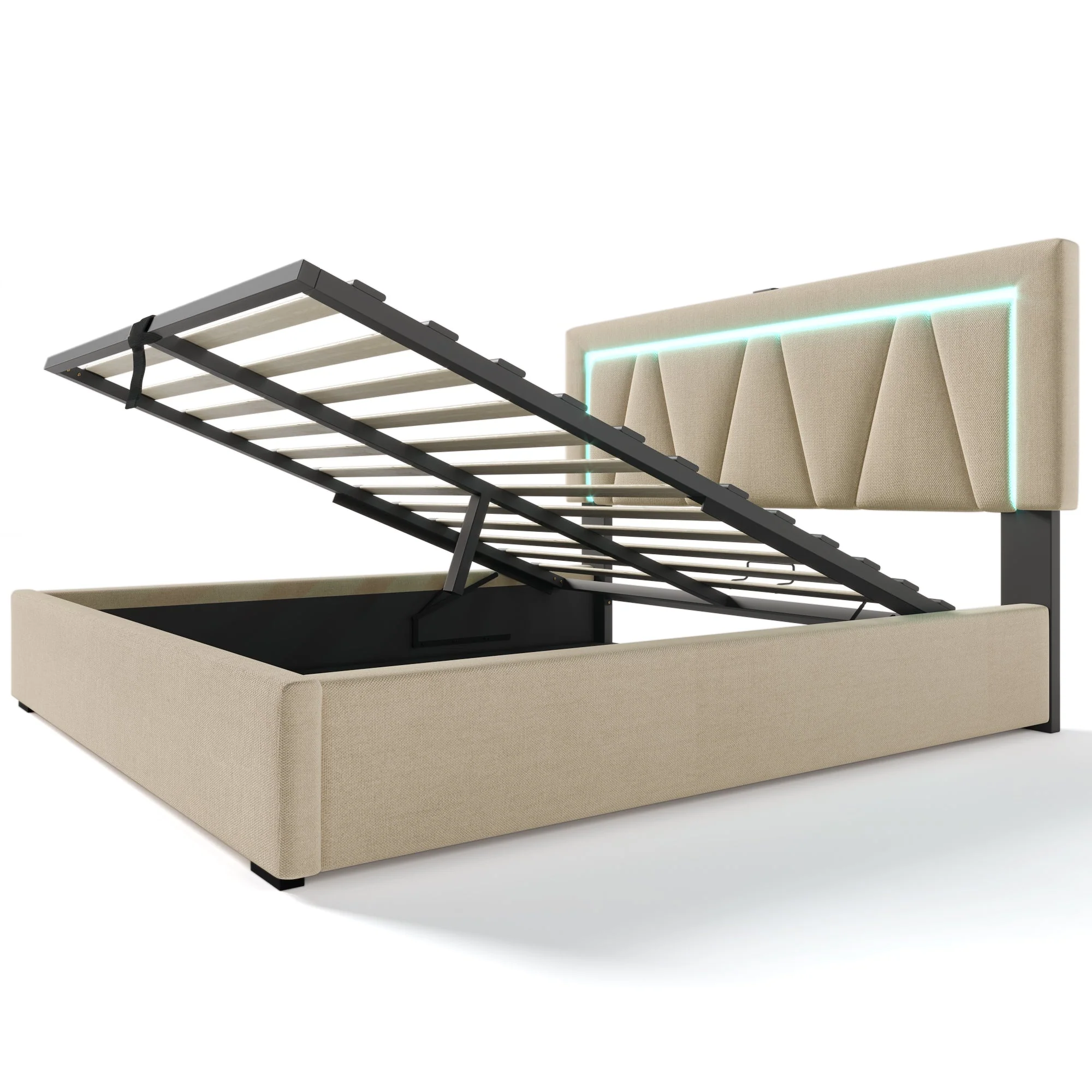 Upholstered Bed, 140x200 LED Double with USB-C Charging, Storage, Linen - Image 10