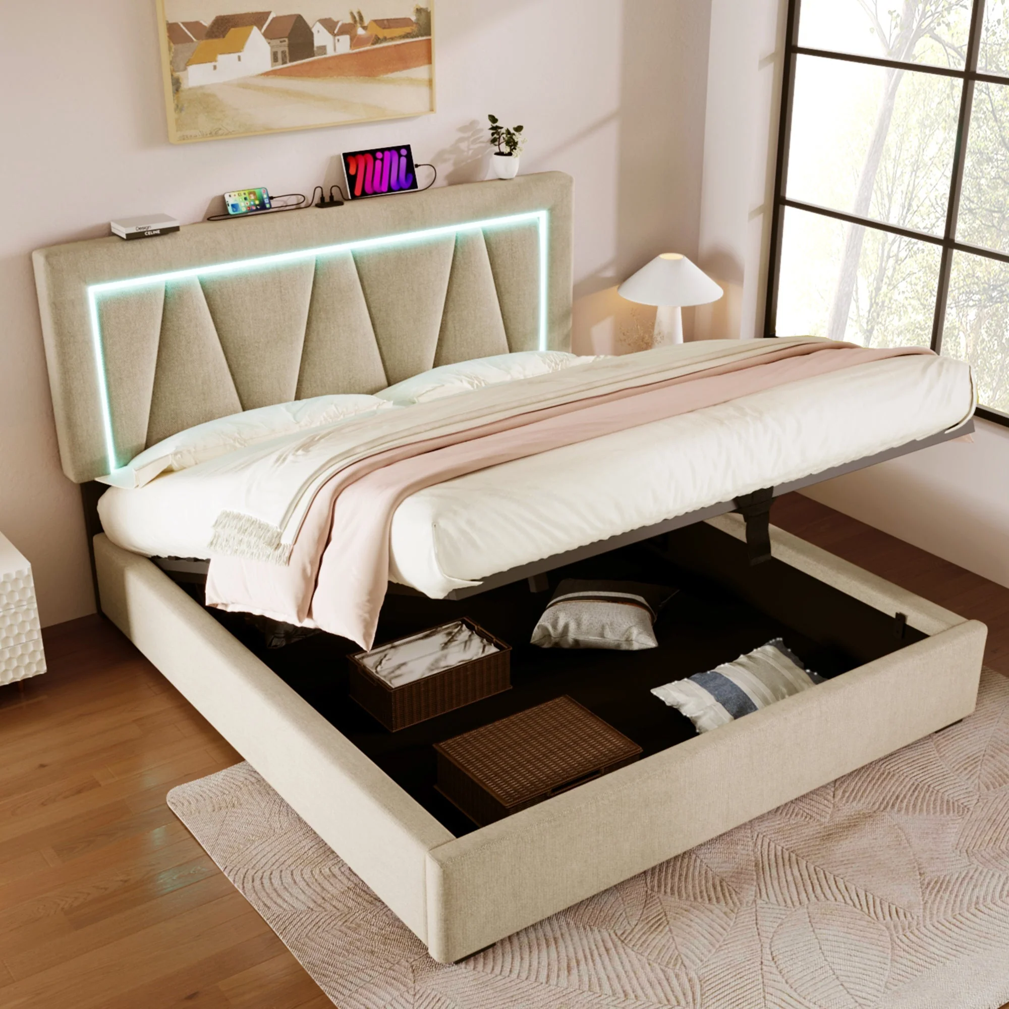 Upholstered Bed, 140x200 LED Double with USB-C Charging, Storage, Linen - Image 7
