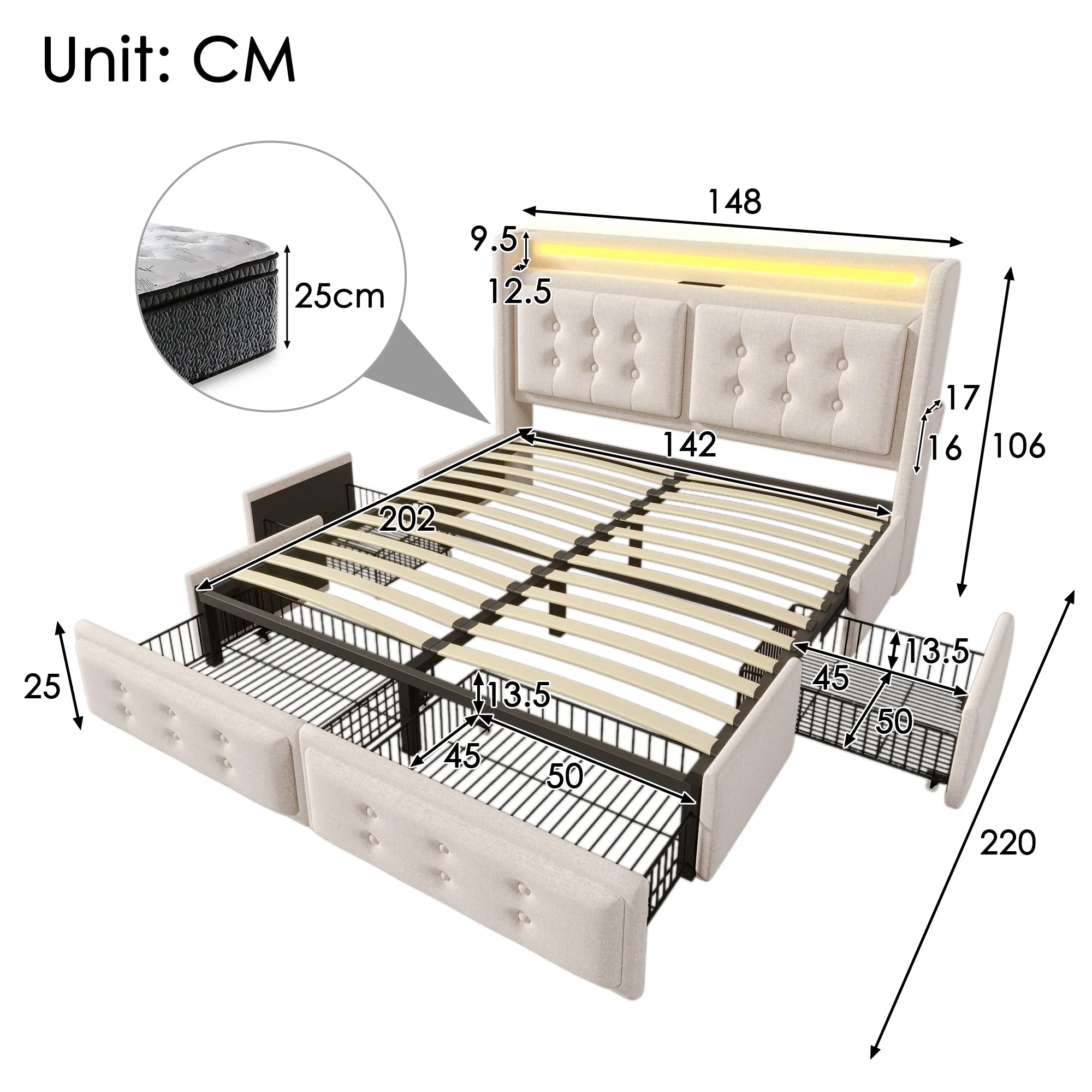 Upholstered Bed 140x200, LED Headboard with USB-C, 4-Drawer Storage, Beige Cotton - Image 2