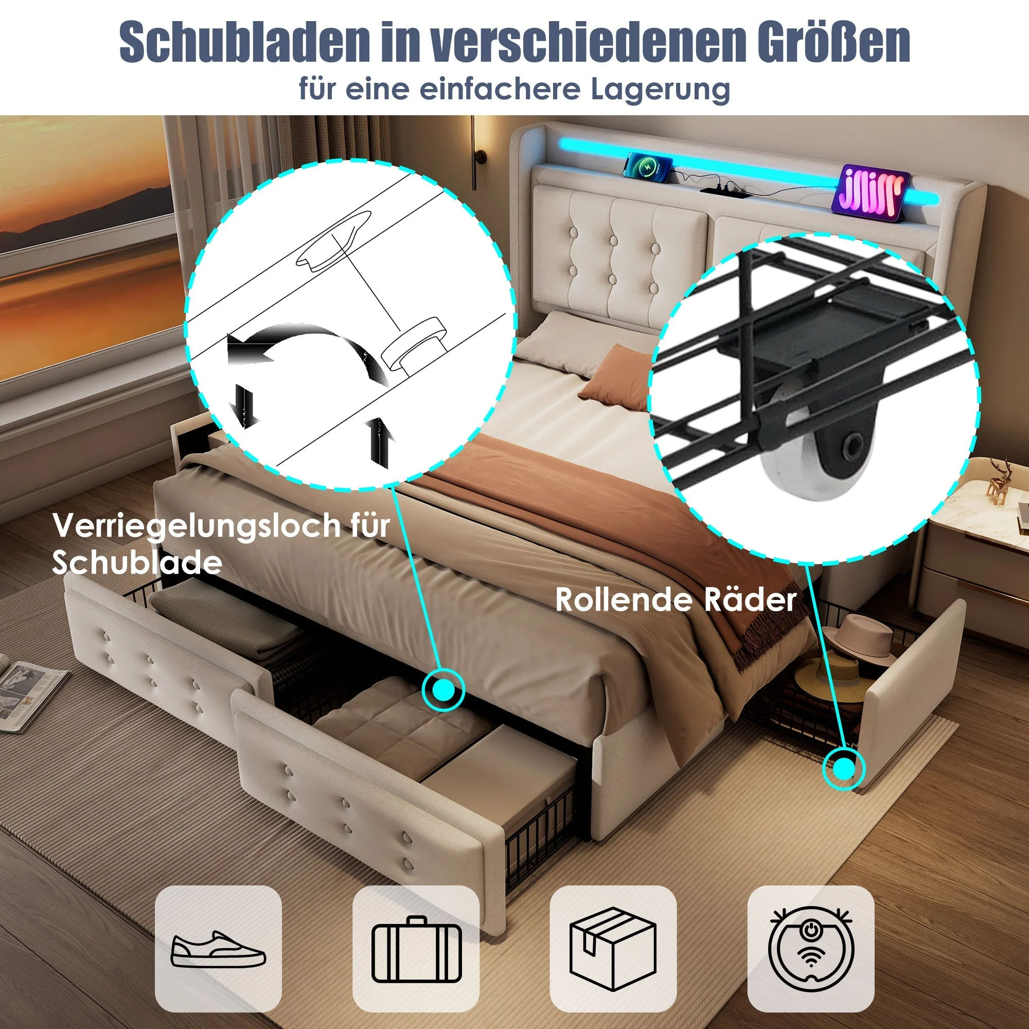 Upholstered Bed 140x200, LED Headboard with USB-C, 4-Drawer Storage, Beige Cotton - Image 3