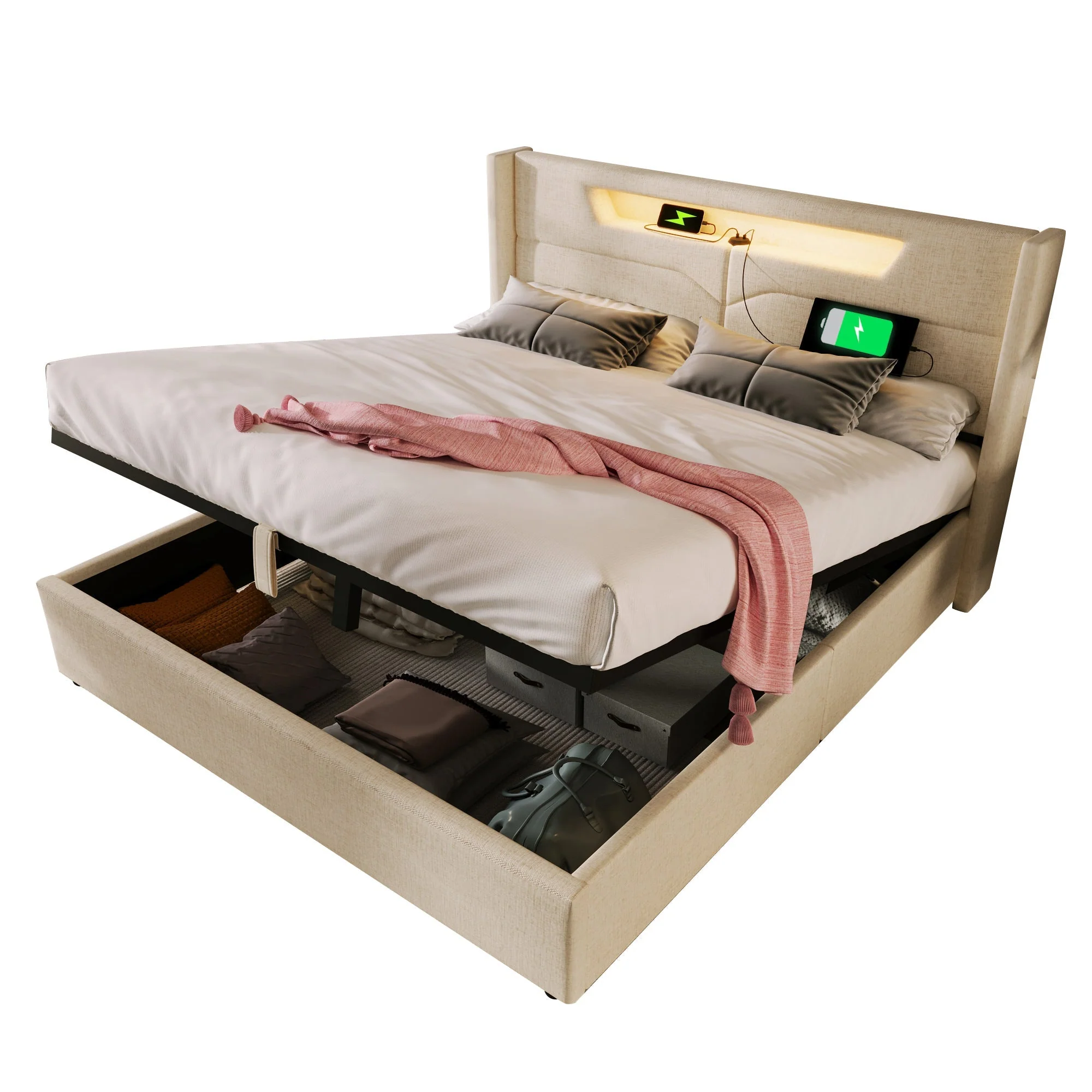 Upholstered Bed 140x200 LED USB-C Storage Slatted Base, Linen Material - Image 13