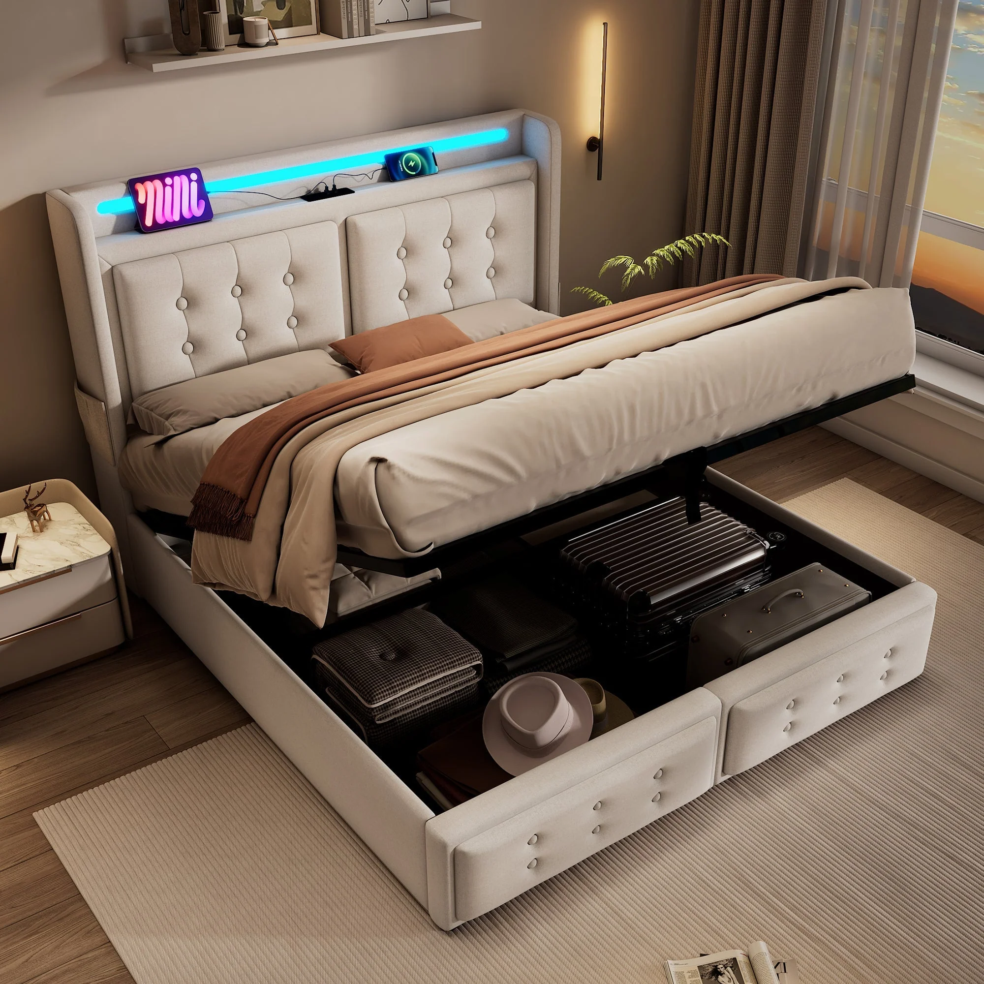 Upholstered Bed 140x200 LED USB Hydraulic Storage, Beige Cotton - Image 8