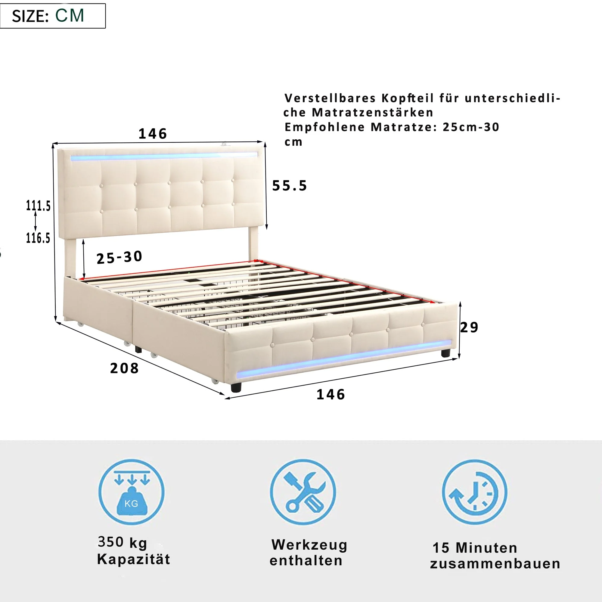 Upholstered Bed, 140x200 LED with 4 Drawers, USB Charging, Beige Linen - Image 10