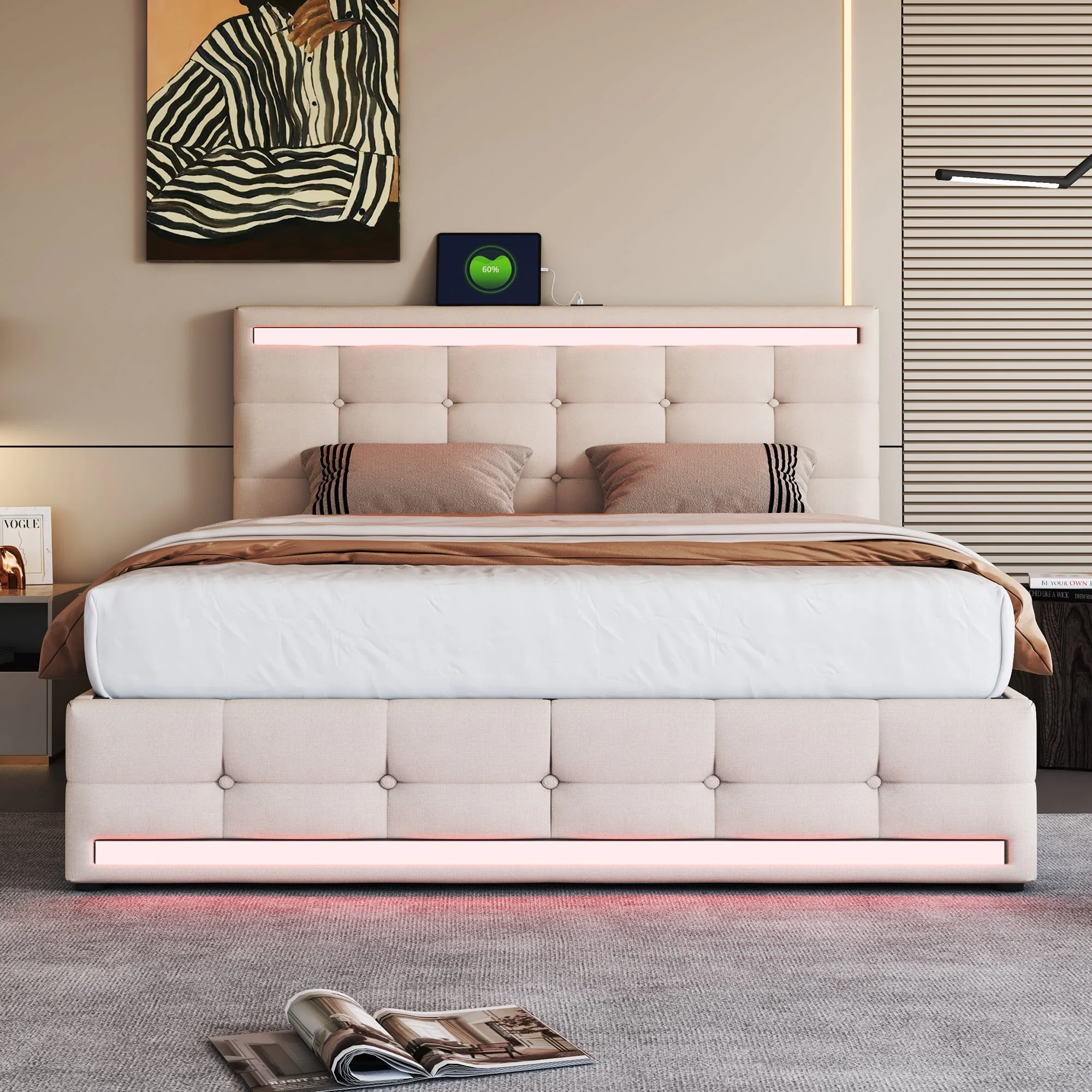 Upholstered Bed, 140x200 LED with 4 Drawers, USB Charging, Beige Linen - Image 3