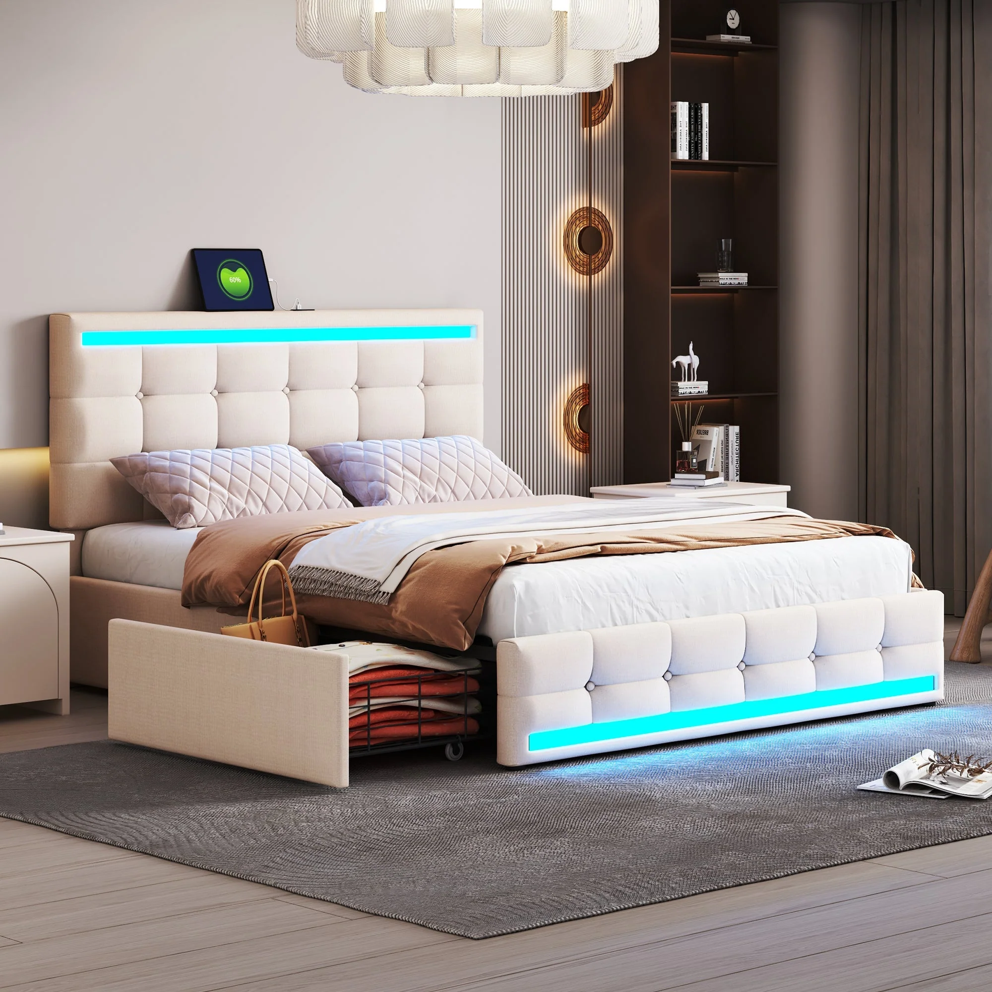 Upholstered Bed, 140x200 LED with 4 Drawers, USB Charging, Beige Linen - Image 4