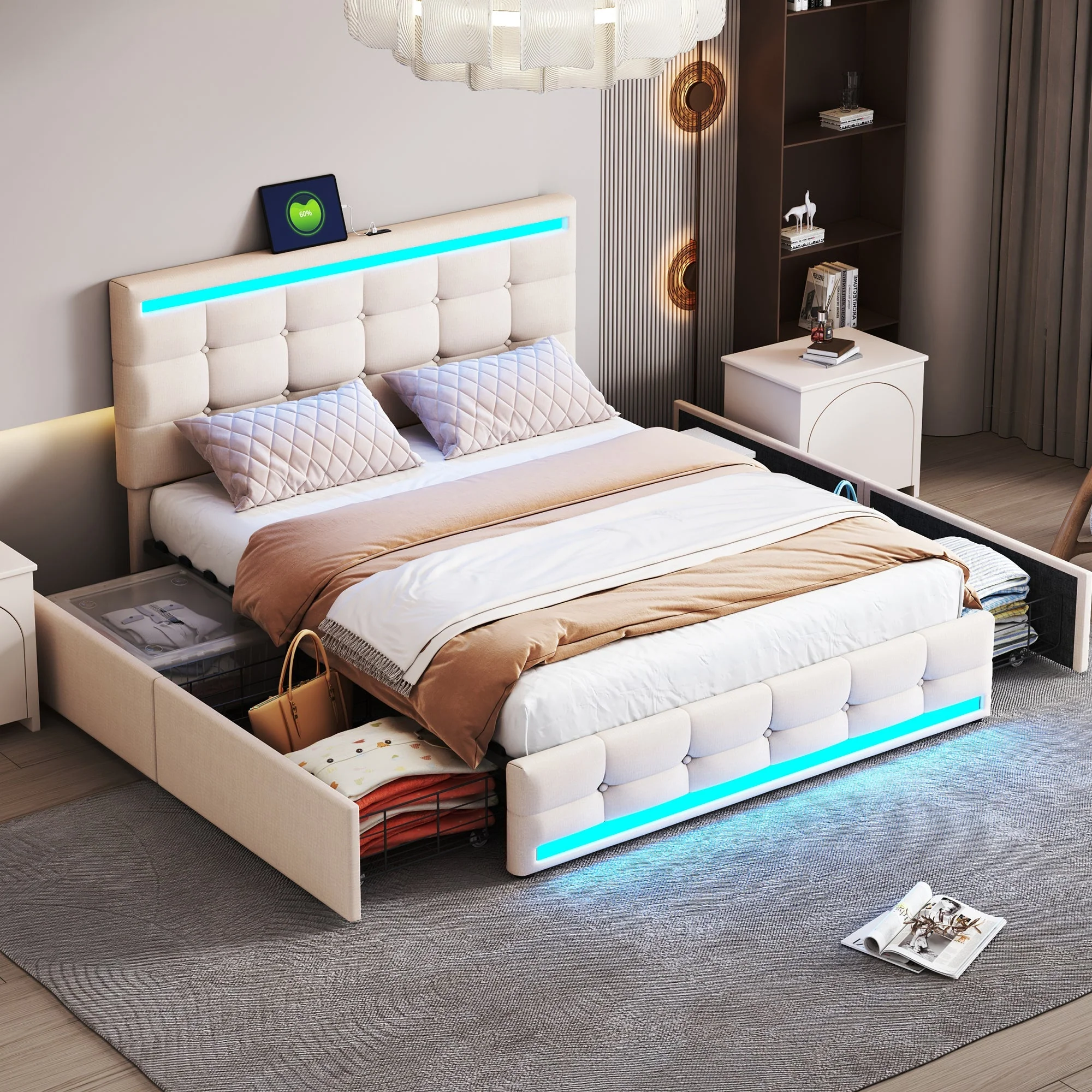 Upholstered Bed, 140x200 LED with 4 Drawers, USB Charging, Beige Linen - Image 5