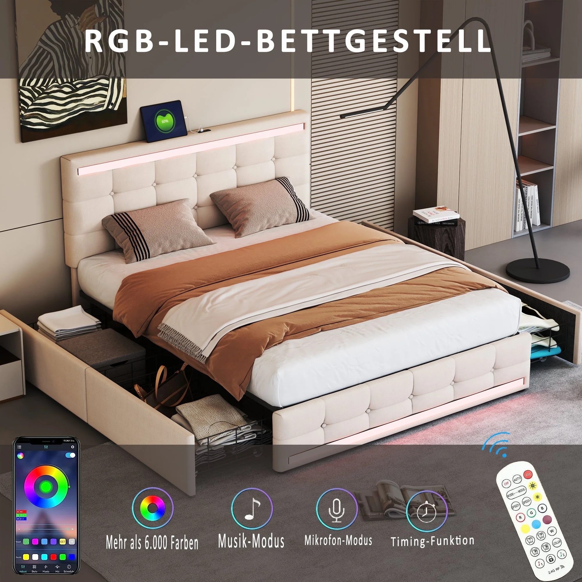 Upholstered Bed, 140x200 LED with 4 Drawers, USB Charging, Beige Linen - Image 8