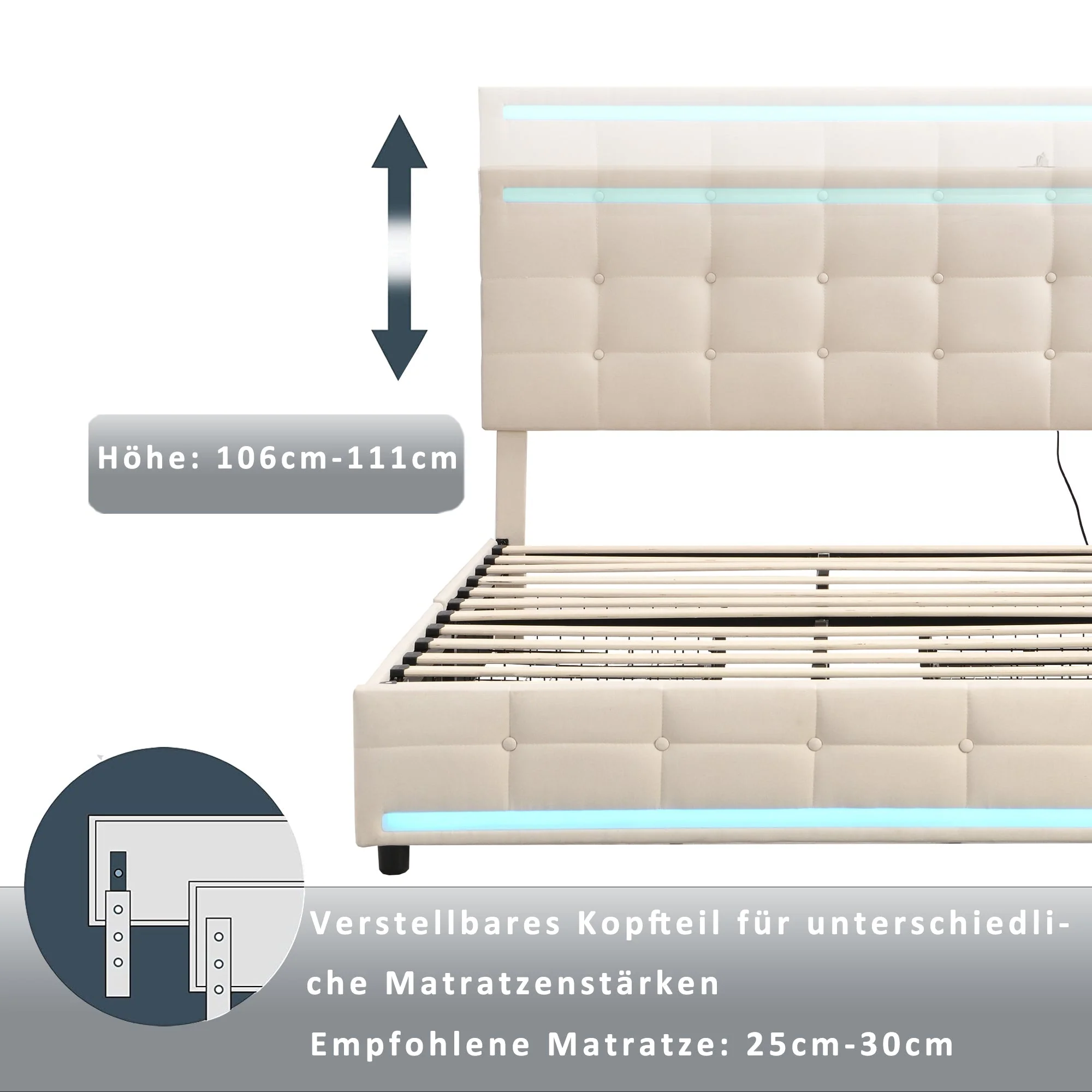 Upholstered Bed, 140x200 LED with 4 Drawers, USB Charging, Beige Linen - Image 9