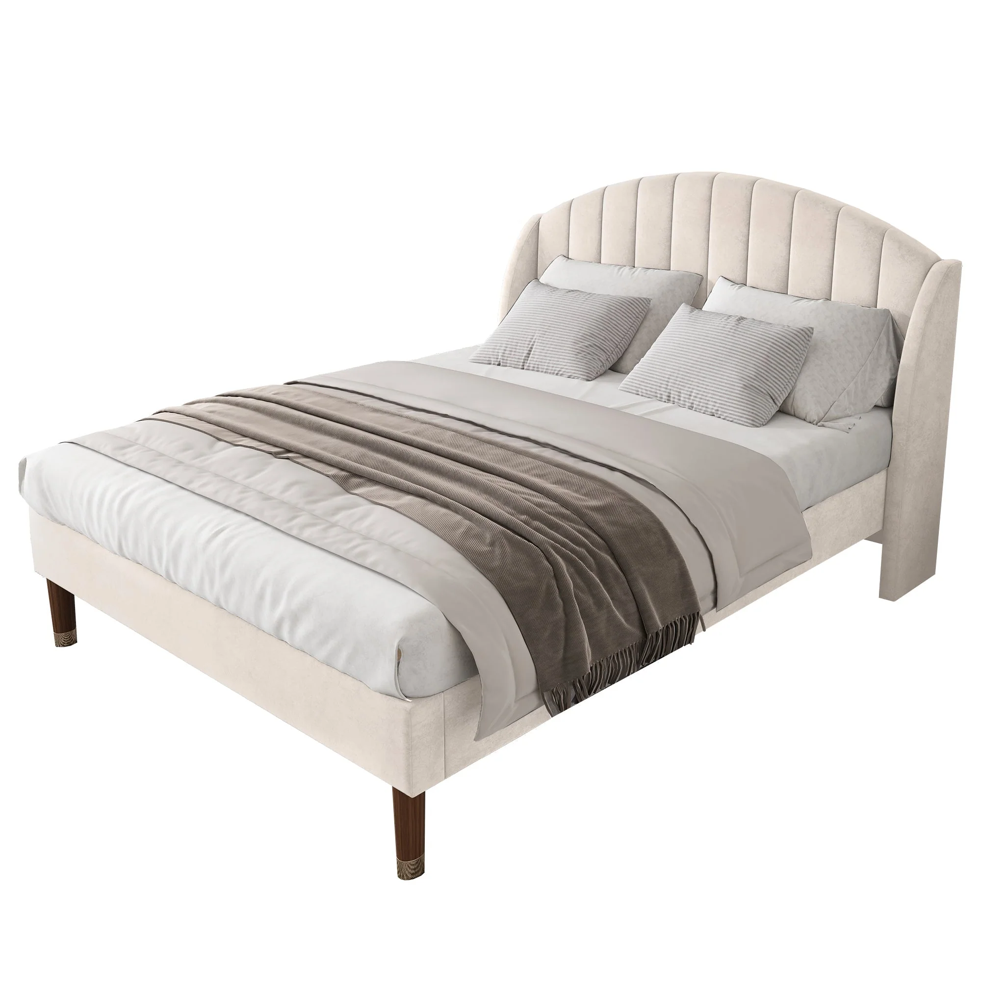 Upholstered Bed 140x200 Slatted Base Headboard - Velvet Beige - Image 5
