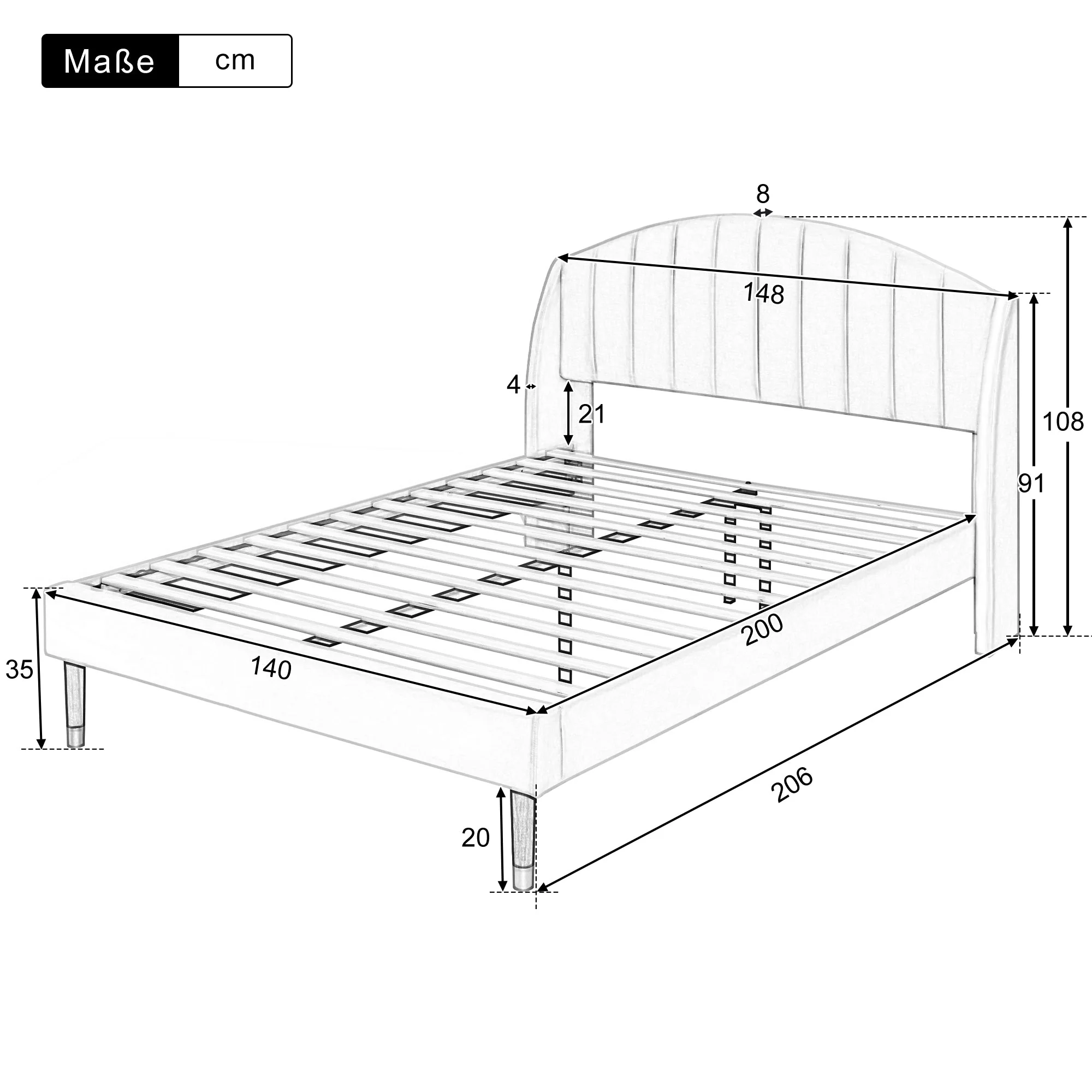 Upholstered Bed 140x200 Slatted Base Headboard - Velvet Beige - Image 6