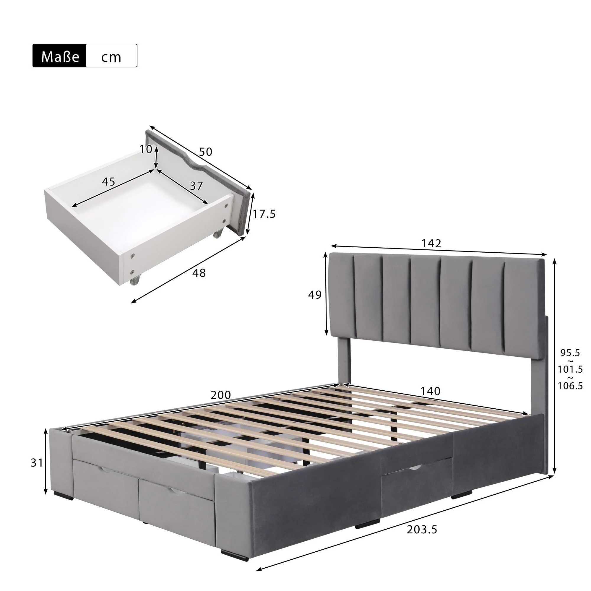 Upholstered Bed 140x200 Slatted Frame Backrest & 4 Drawers - Velvet Grey - Image 7