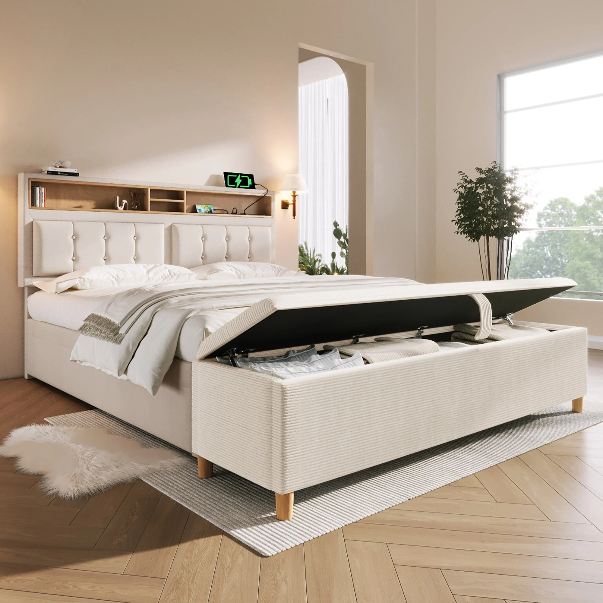 Upholstered Bed 140x200 Storage, USB Charging, Bed Bench - Linen Look