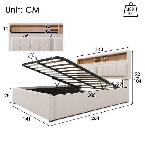 Upholstered Bed 140x200 Storage, USB Charging, Bed Bench - Linen Look - Image 2