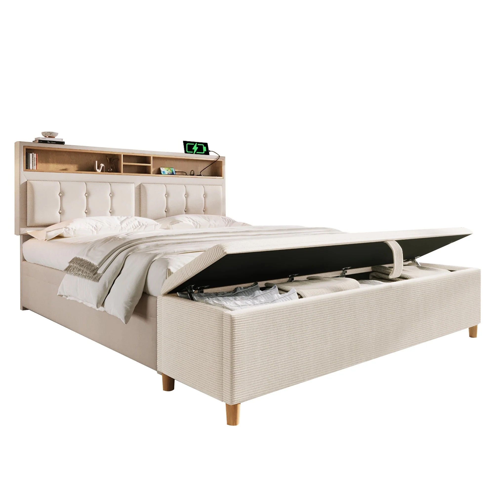 Upholstered Bed 140x200 Storage, USB Charging, Bed Bench - Linen Look - Image 3