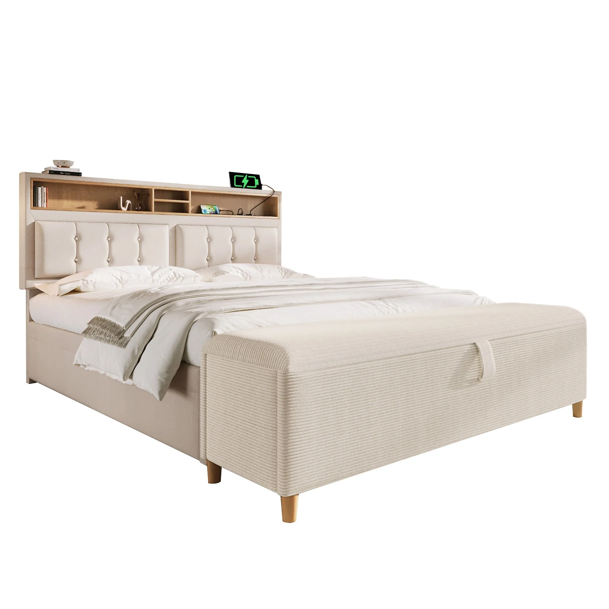 Upholstered Bed 140x200 Storage, USB Charging, Bed Bench - Linen Look - Image 4