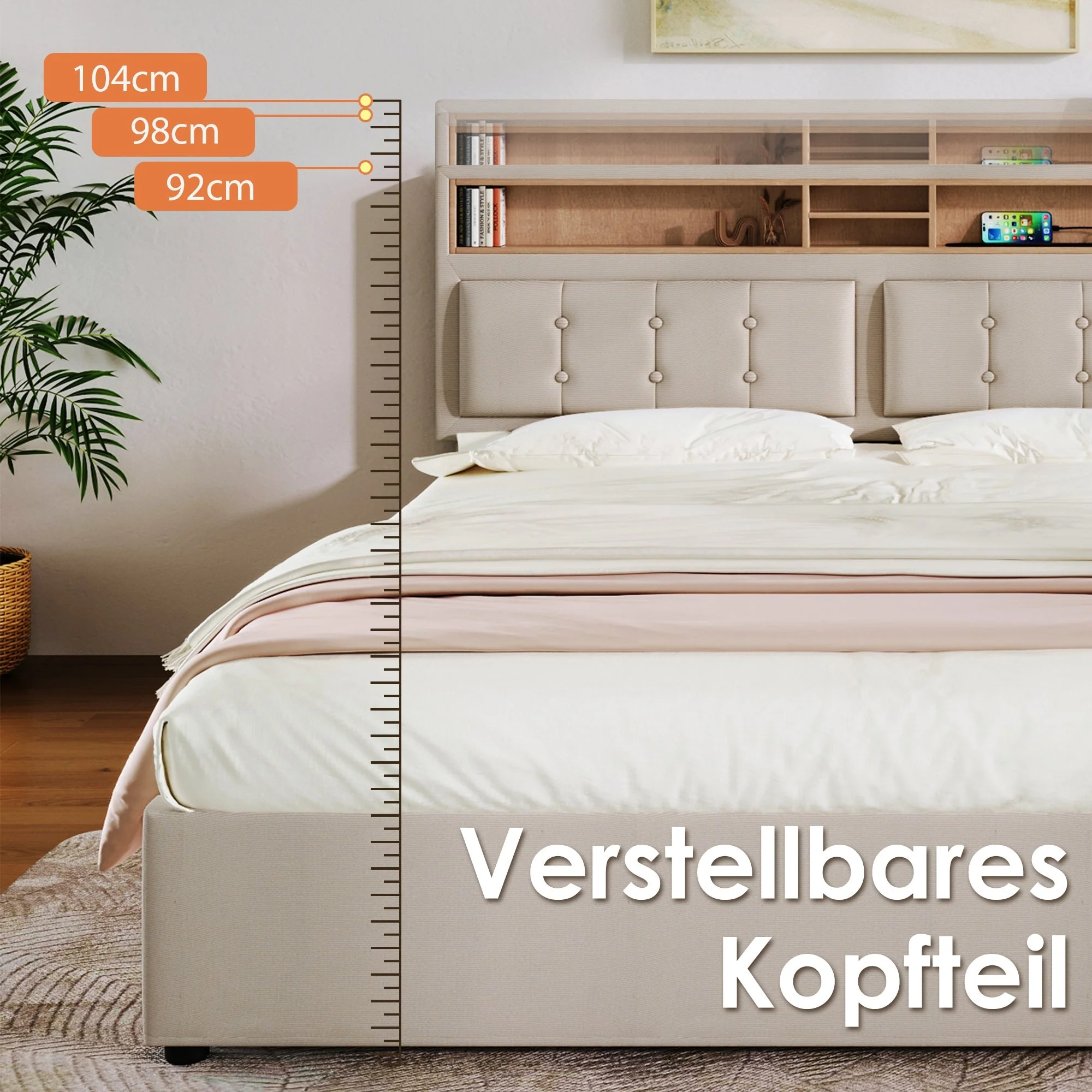 Upholstered Bed 140x200 Storage, USB Charging, Bed Bench - Linen Look - Image 6