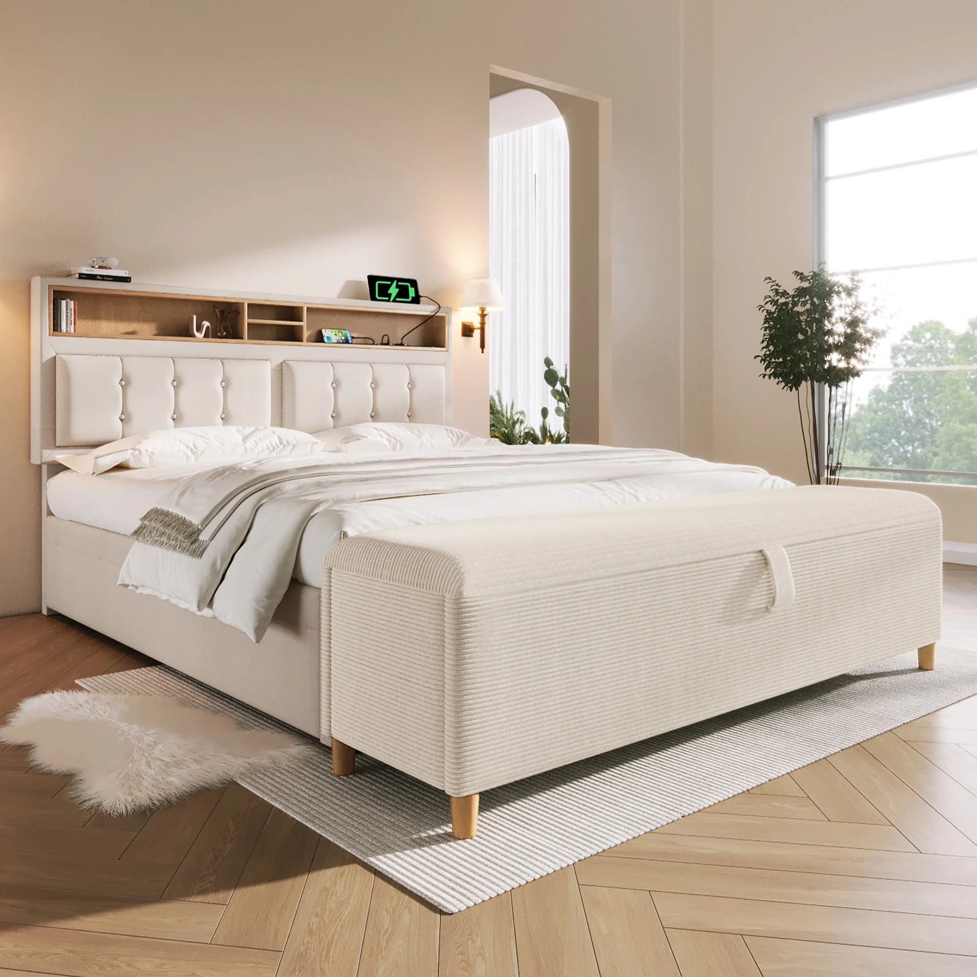 Upholstered Bed 140x200 Storage, USB Charging, Bed Bench - Linen Look - Image 7