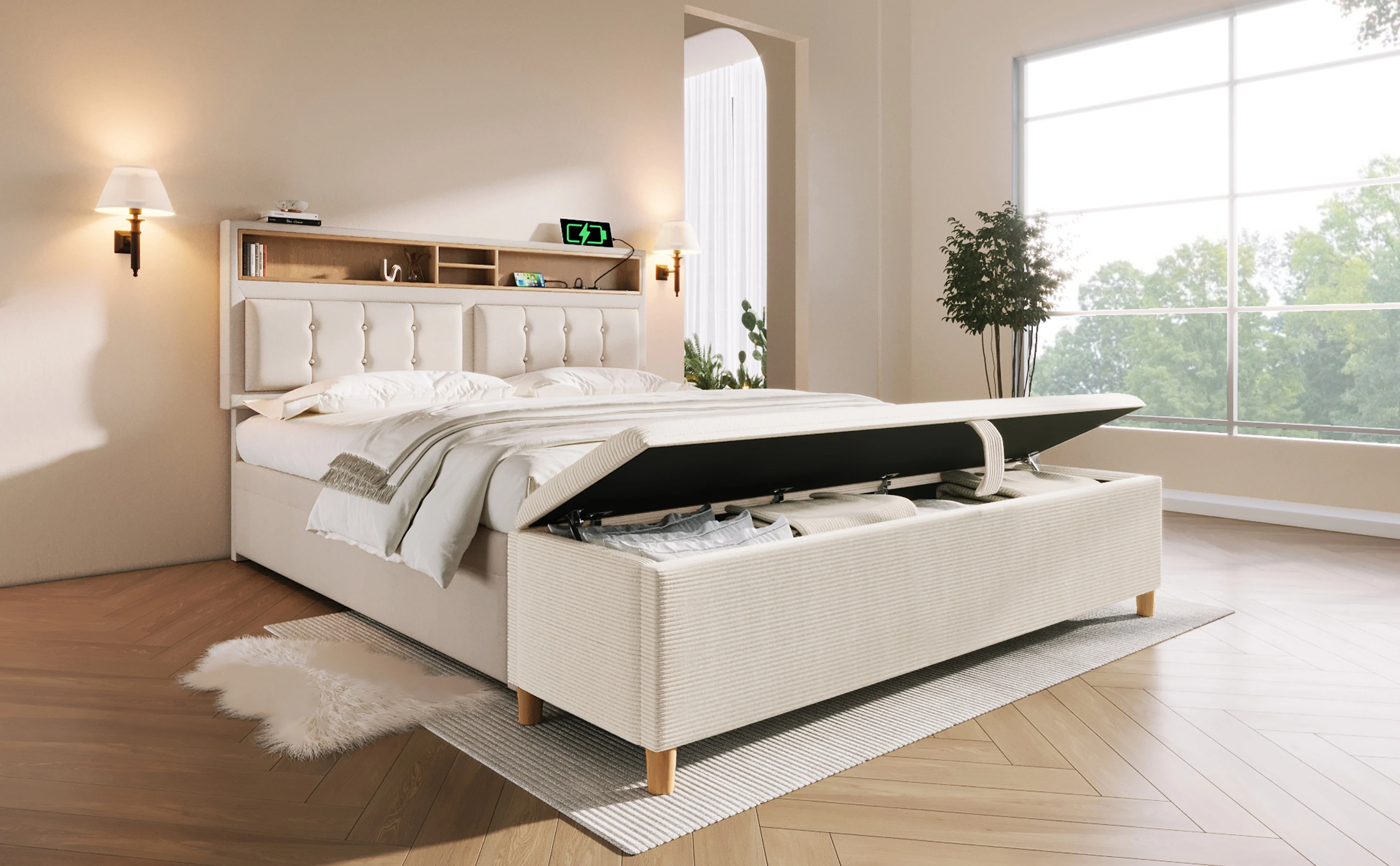 Upholstered Bed 140x200 Storage, USB Charging, Bed Bench - Linen Look - Image 8