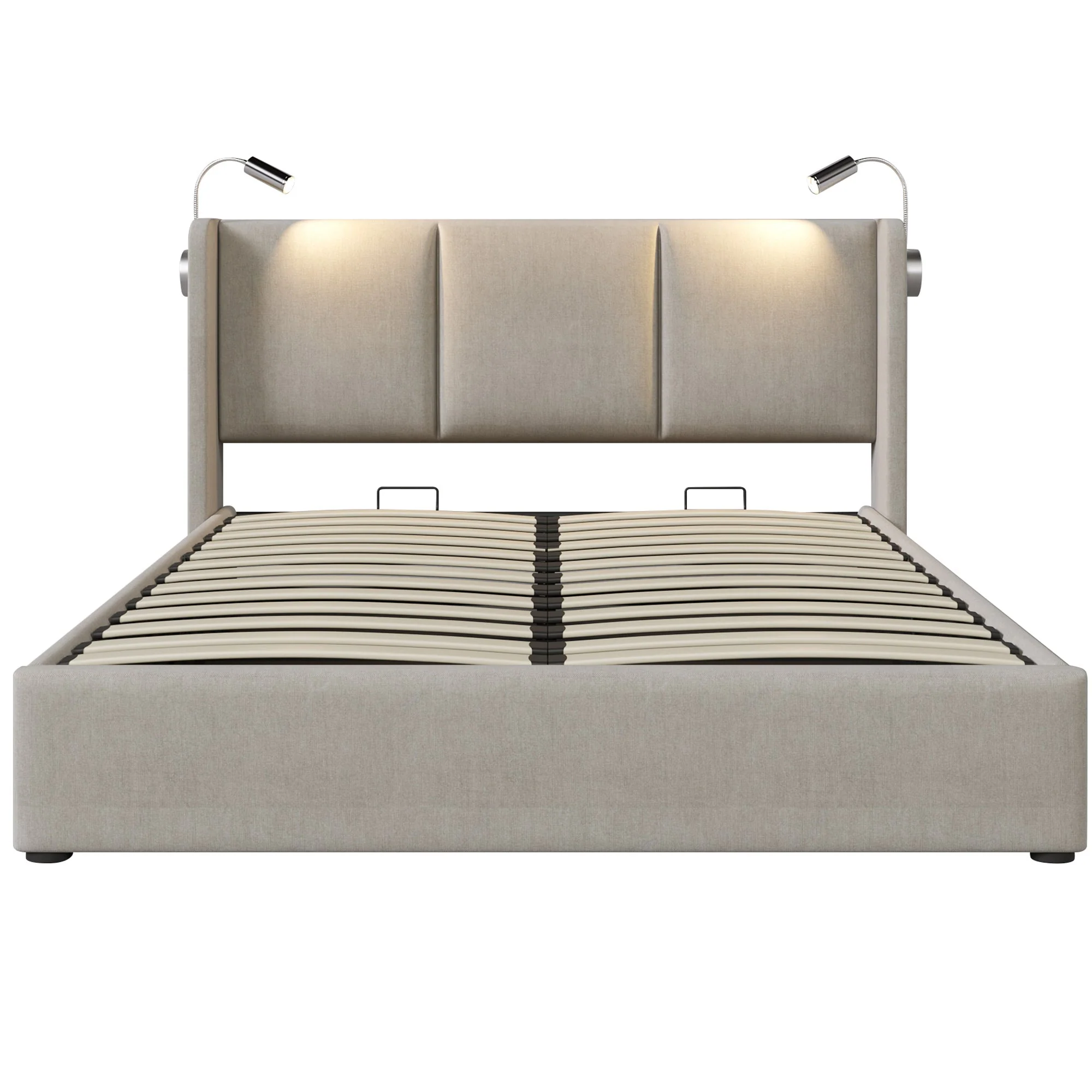 Upholstered Bed 140x200 Storage USB Reading Light, Linen Fabric - Image 5