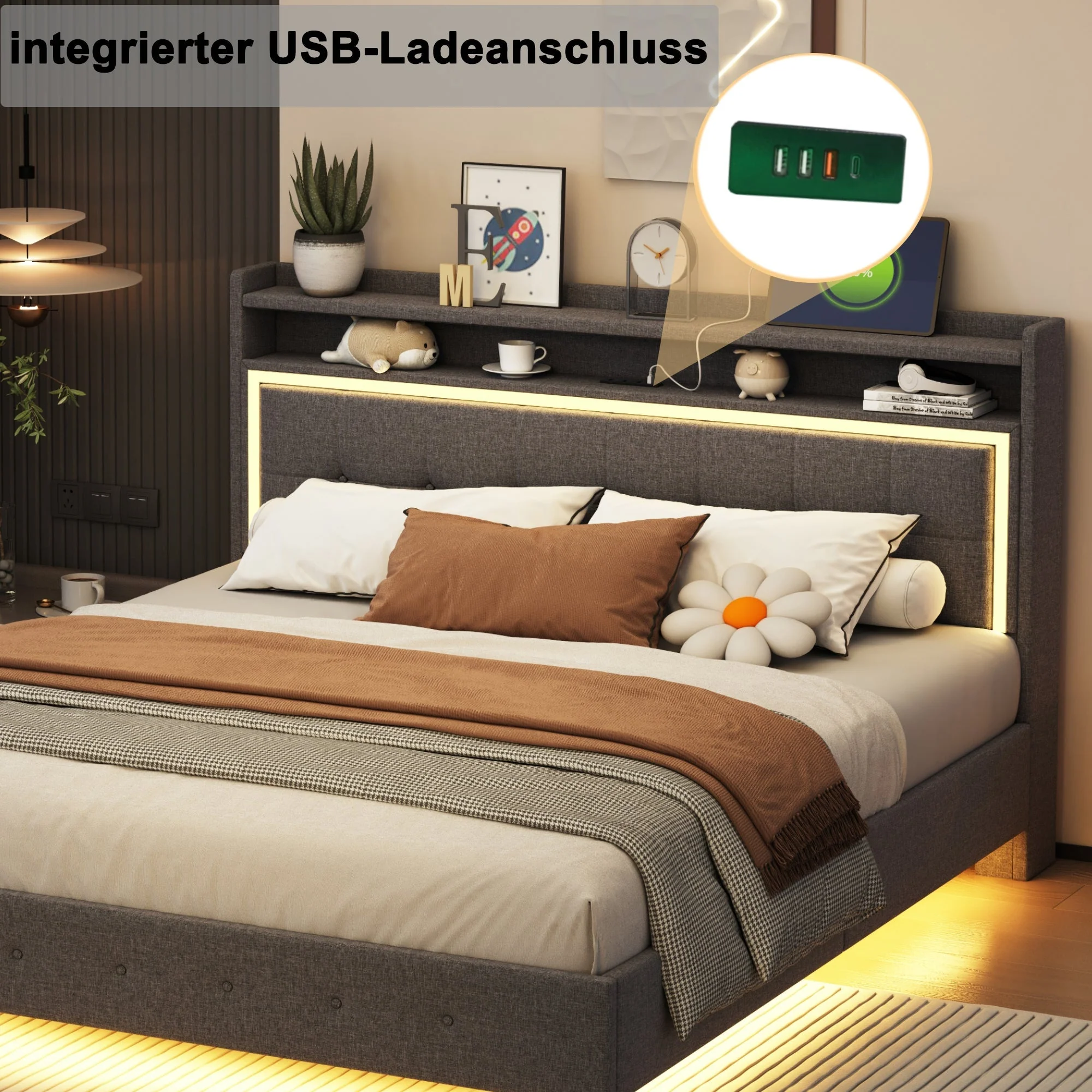 Upholstered Bed 140x200, USB & LED Light, Linen Fabric Gray - Image 4