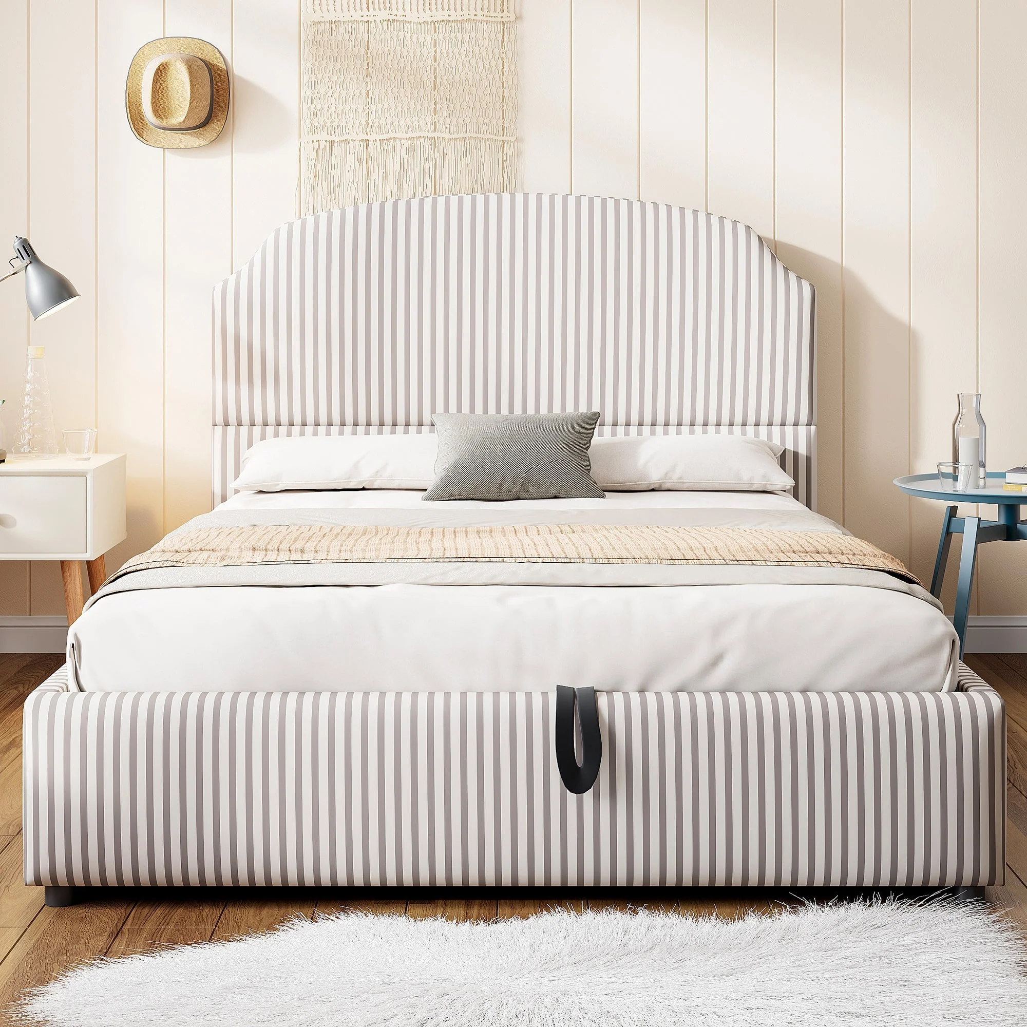 Upholstered Bed 140x200 with Hydraulic Storage and Wide Headboard, Striped Fabric White and Coffee - Image 2