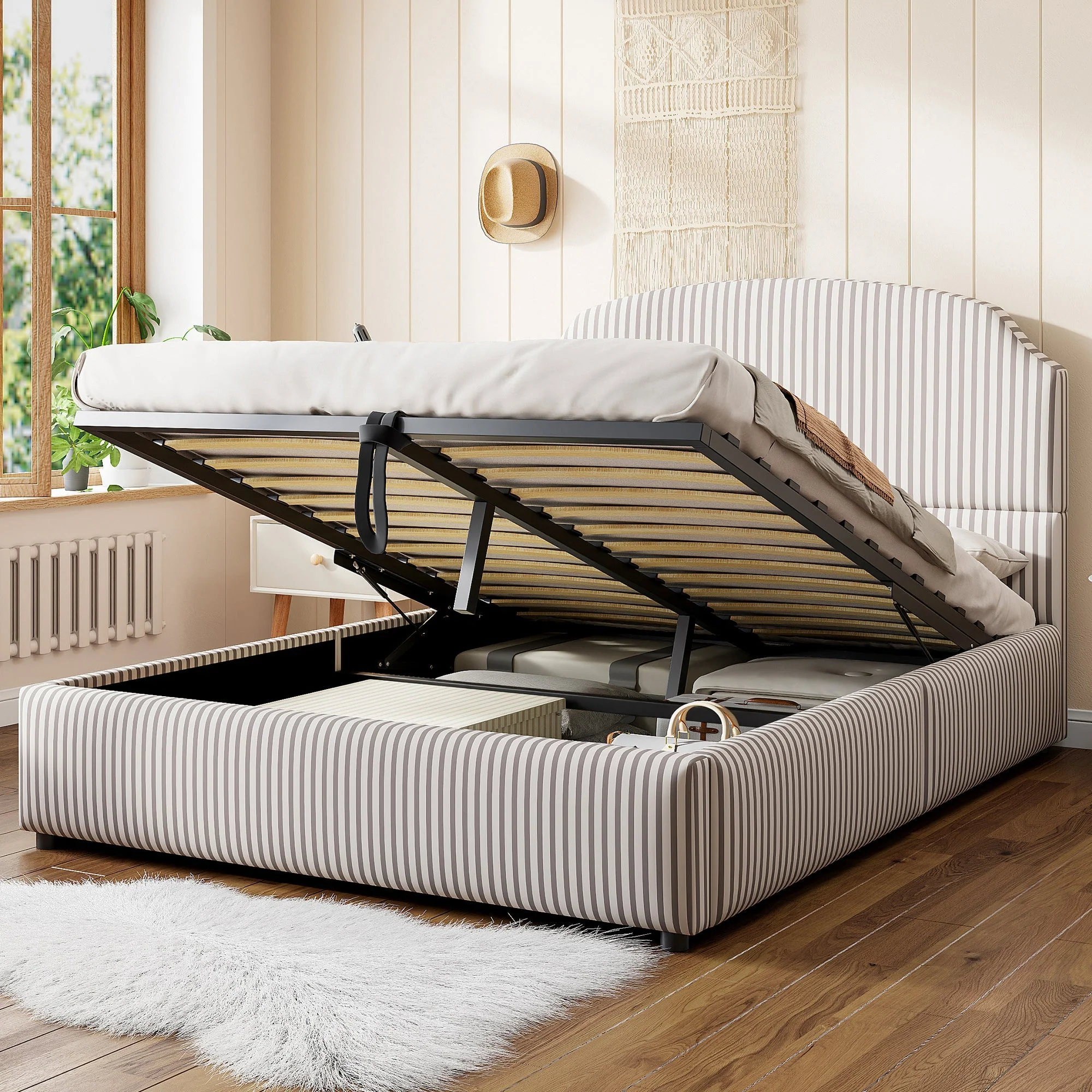 Upholstered Bed 140x200 with Hydraulic Storage and Wide Headboard, Striped Fabric White and Coffee - Image 3