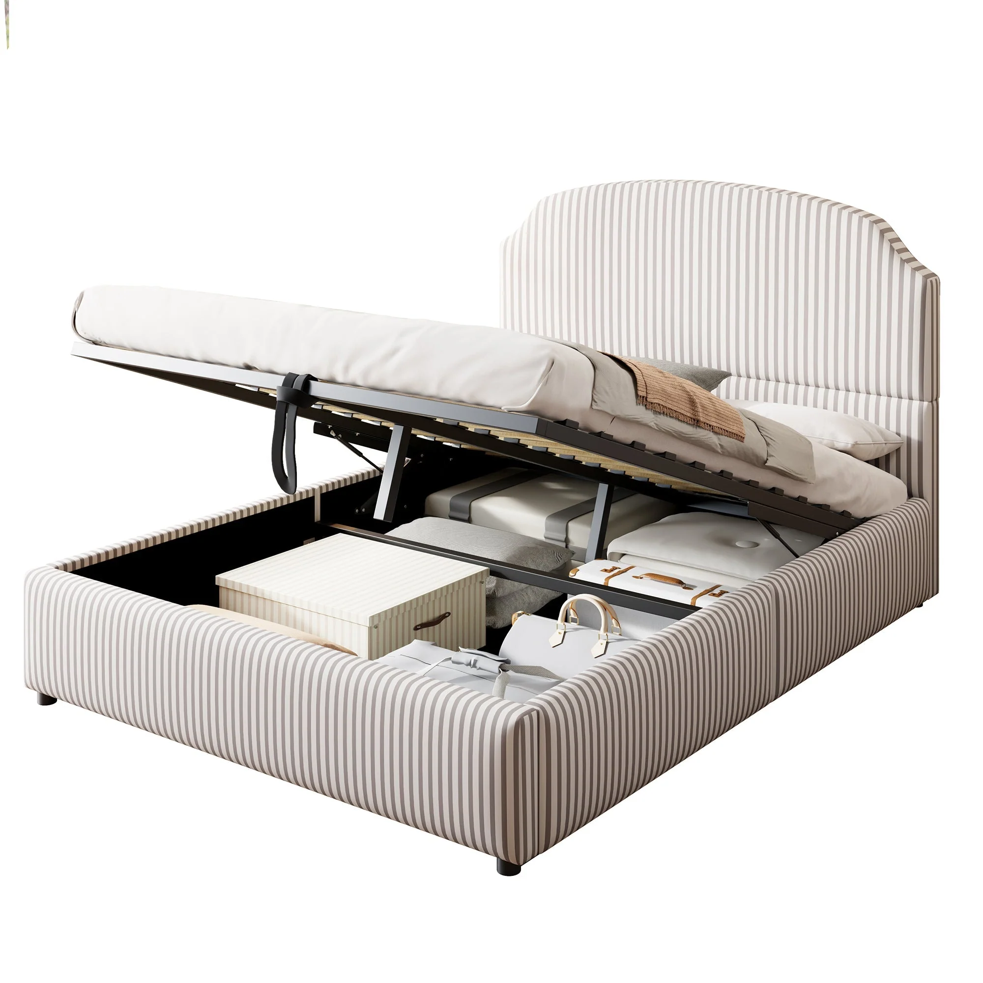 Upholstered Bed 140x200 with Hydraulic Storage and Wide Headboard, Striped Fabric White and Coffee - Image 6