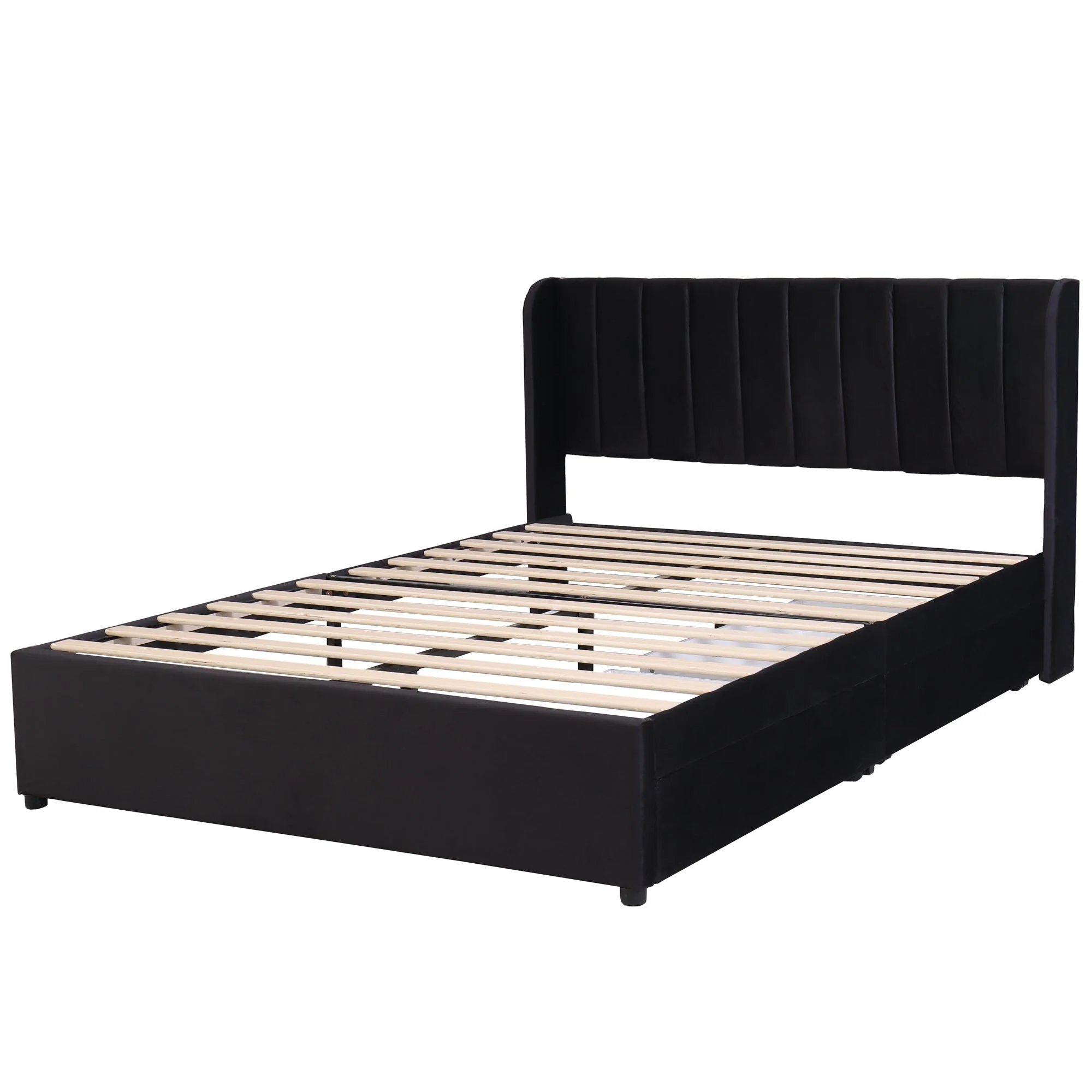 Upholstered Bed 140x200cm 2 Drawers Slatted Base - Black Velvet - Image 9