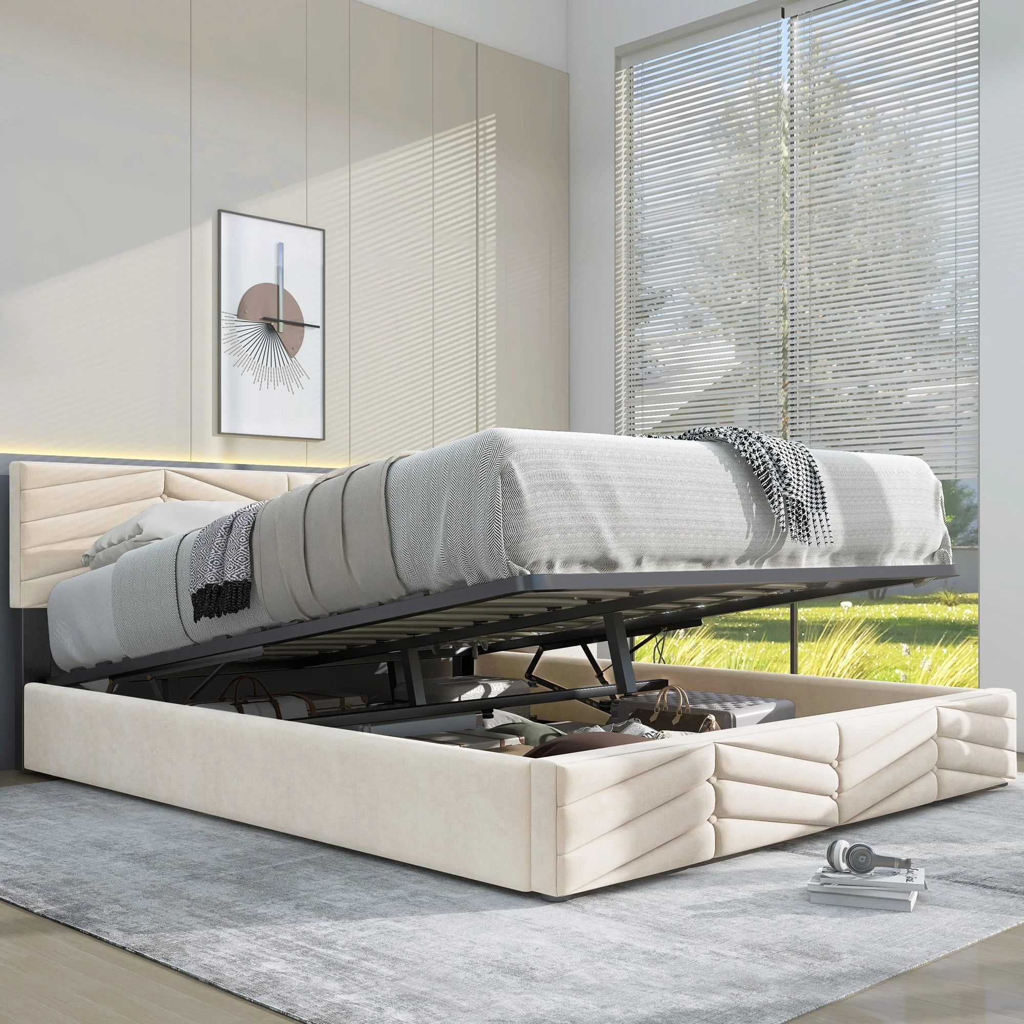 Upholstered Bed 140x200cm Adjustable Headboard Slatted Base - Dutch Velvet Beige - Image 2