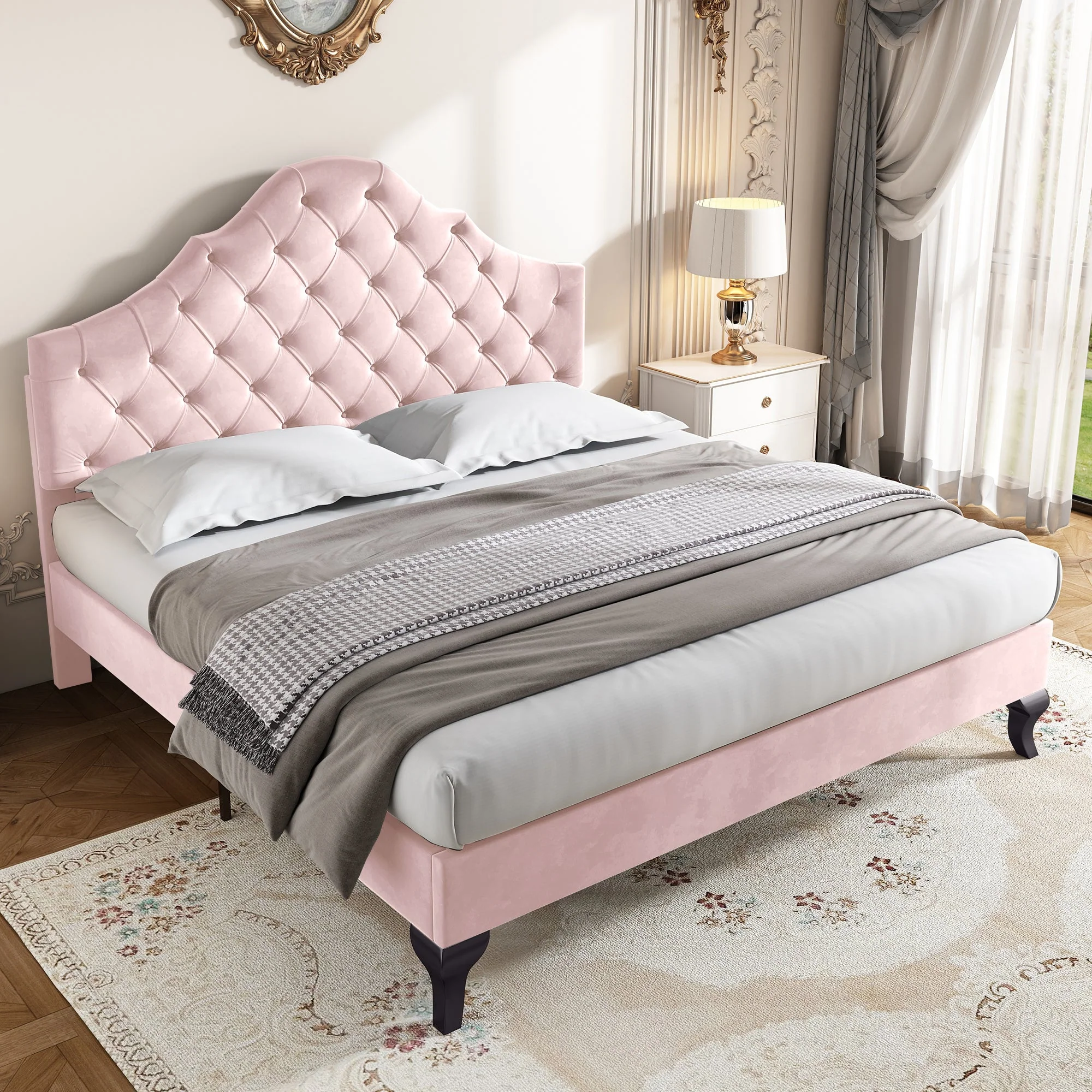 Upholstered Bed 140x200cm Adjustable Headboard Slatted Base - Velvet Pink - Image 5