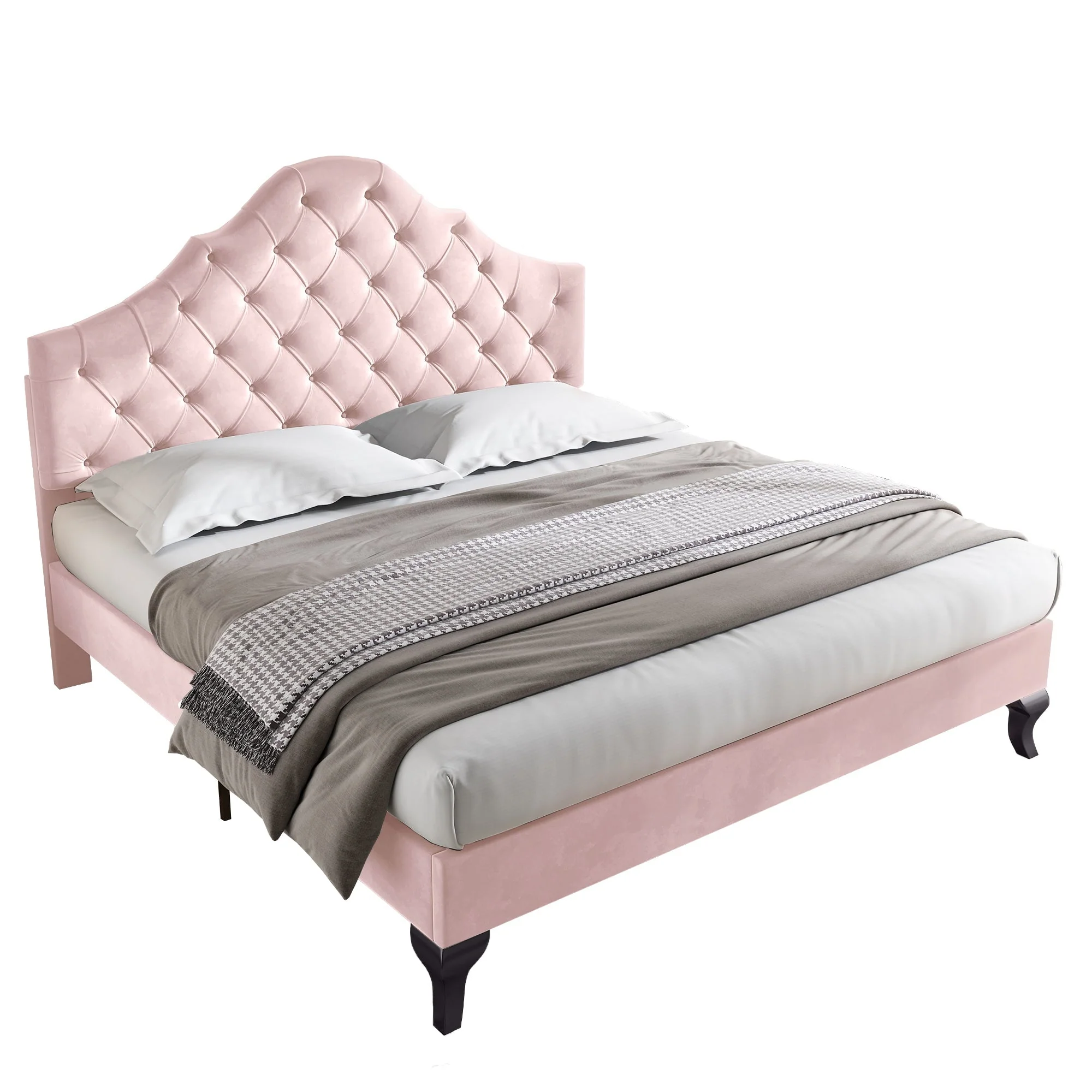 Upholstered Bed 140x200cm Adjustable Headboard Slatted Base - Velvet Pink - Image 6