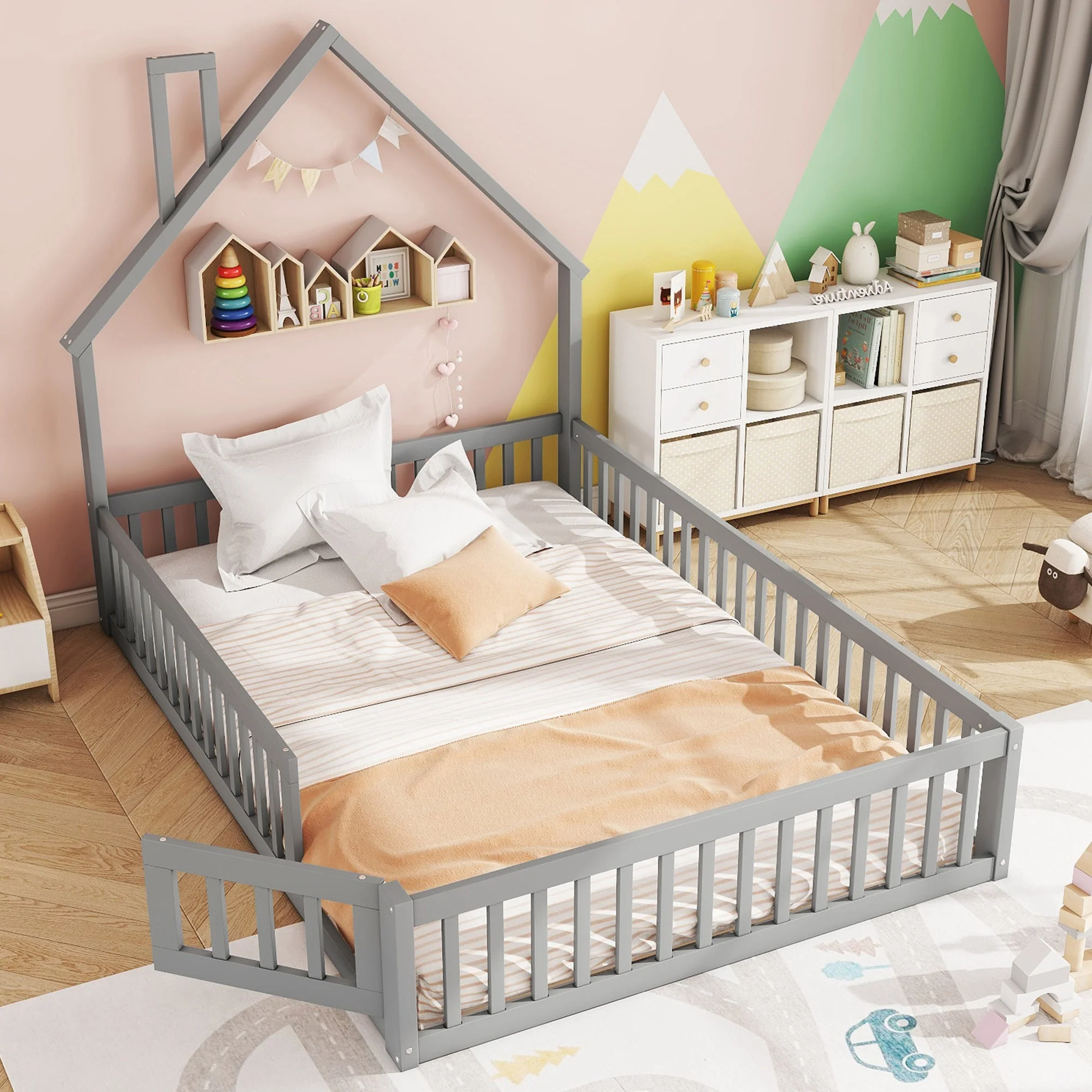 Upholstered Bed 140x200cm Chimney Design Pine Frame - Grey - Image 4