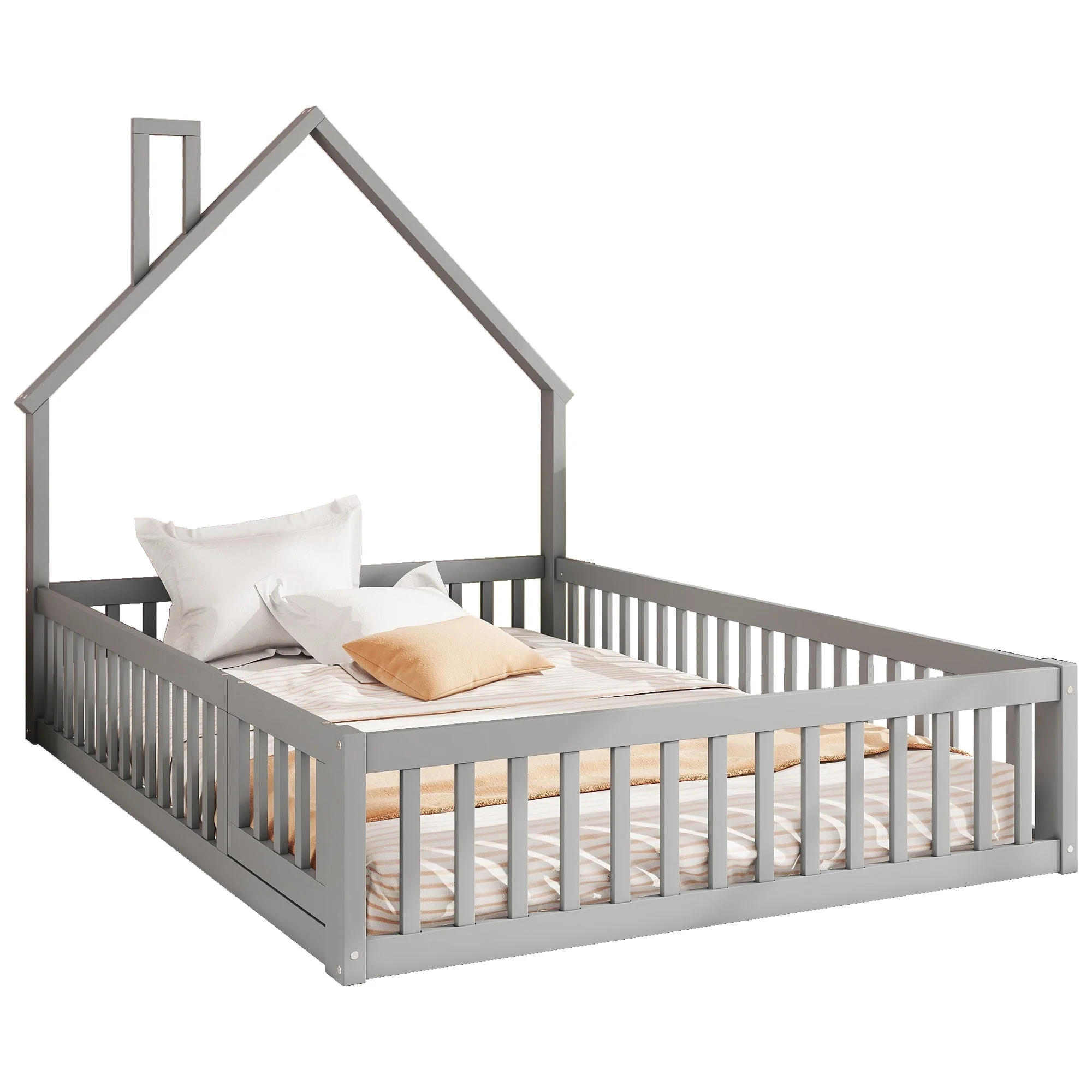 Upholstered Bed 140x200cm Chimney Design Pine Frame - Grey - Image 5