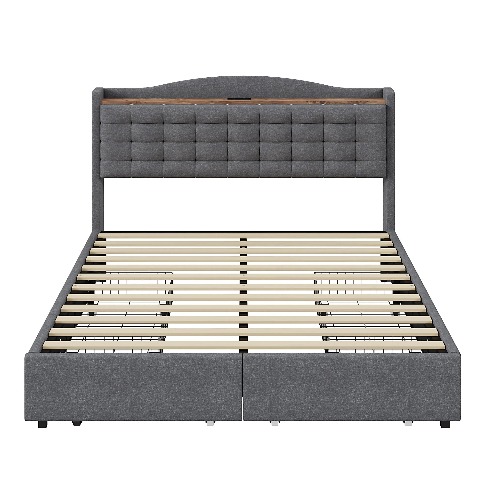 Upholstered Bed, 140x200cm Double Flat with 4 Drawers & USB Bedside Table, Gray Linen - Image 10