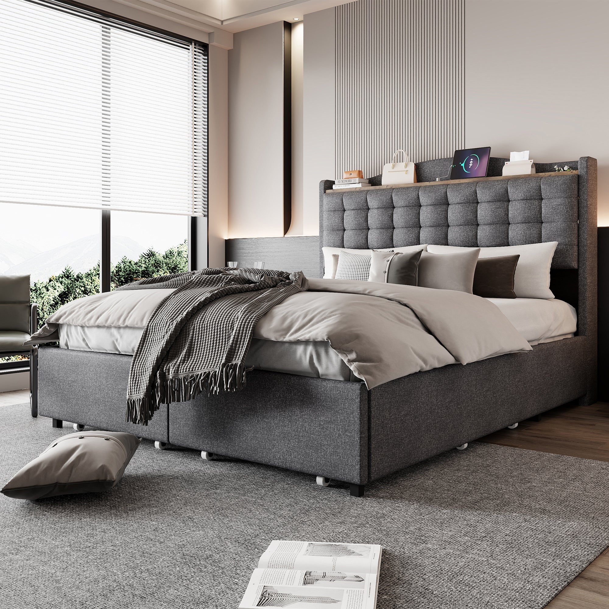 Upholstered Bed, 140x200cm Double Flat with 4 Drawers & USB Bedside Table, Gray Linen - Image 2