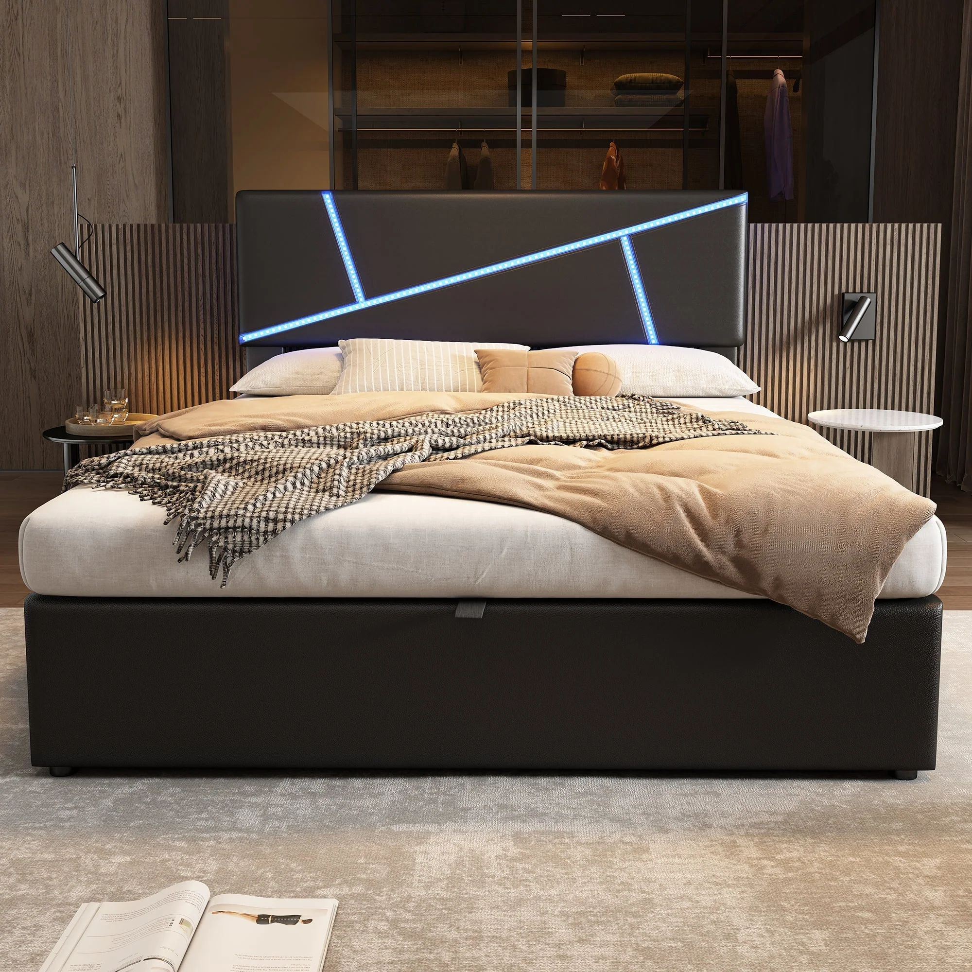 Upholstered Bed 140x200cm Double Hydraulic LED - Synthetic Leather Black - Image 2