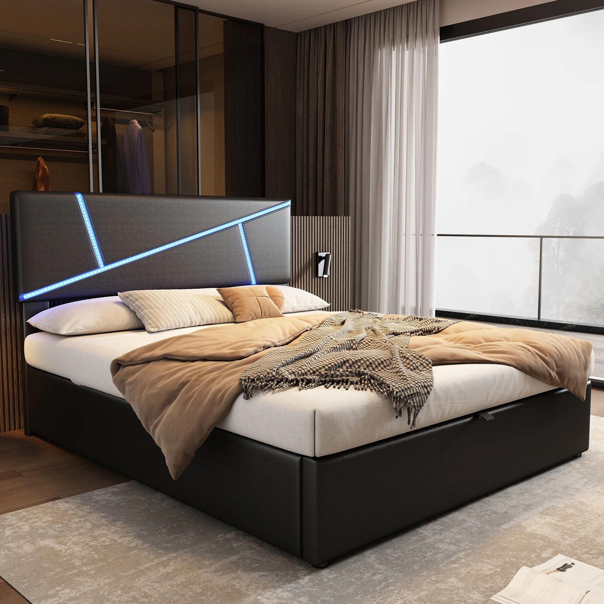 Upholstered Bed 140x200cm Double Hydraulic LED - Synthetic Leather Black - Image 3