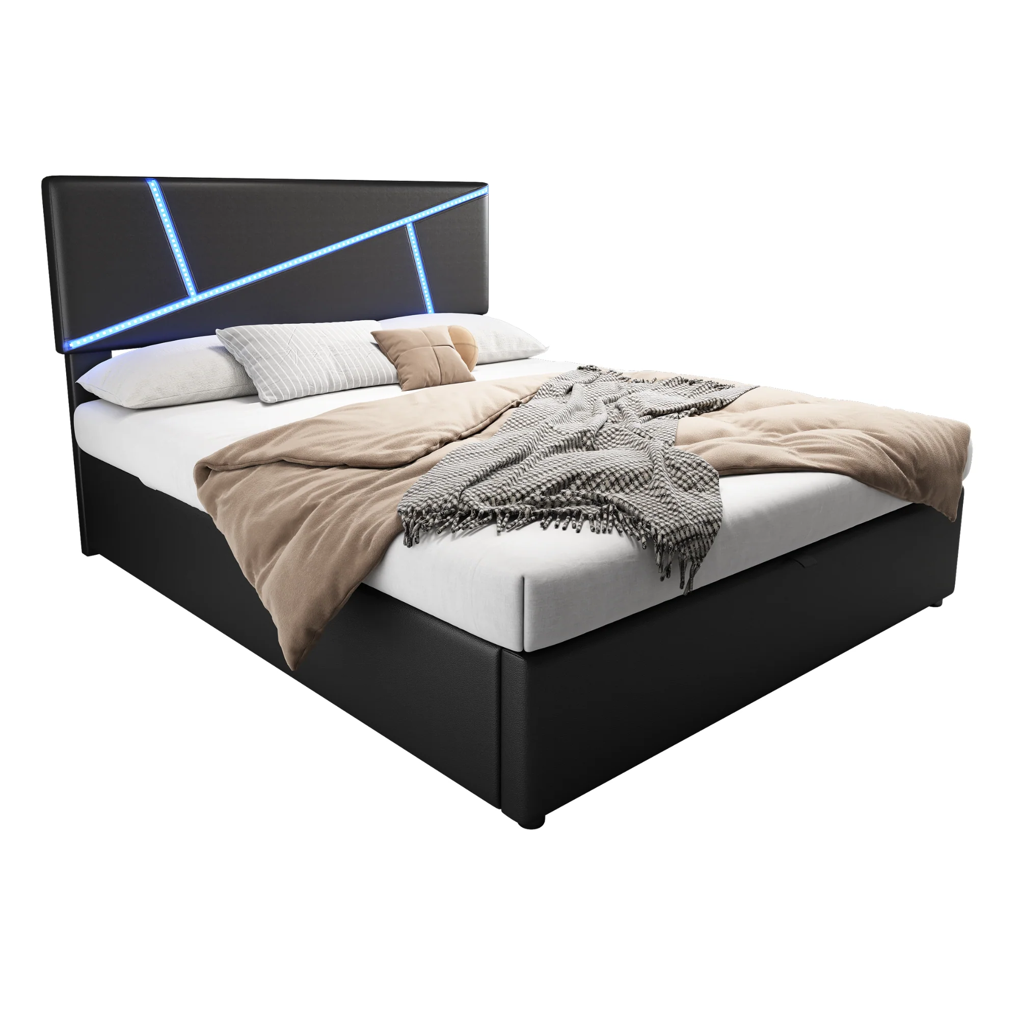 Upholstered Bed 140x200cm Double Hydraulic LED - Synthetic Leather Black - Image 8