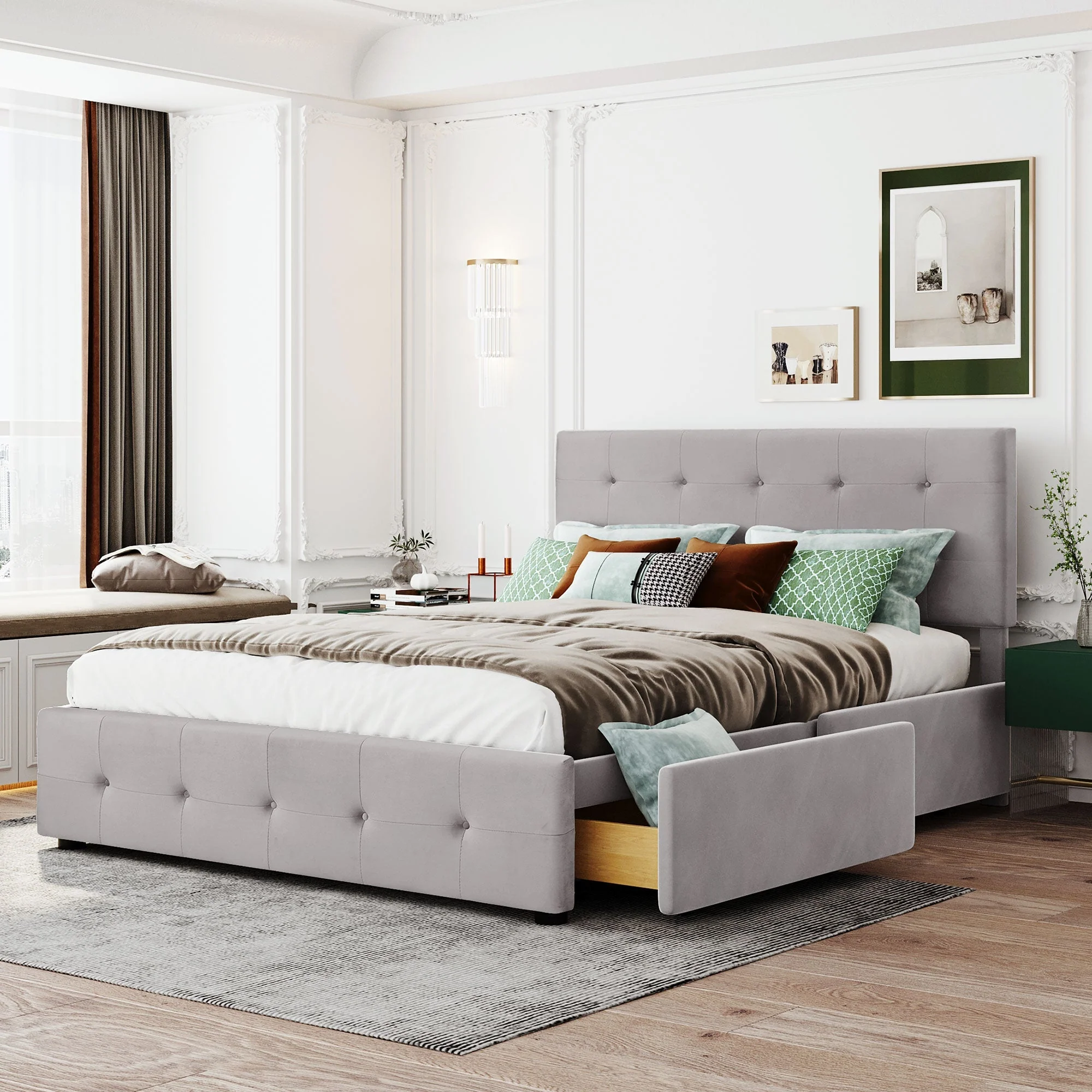 Upholstered Bed, 140x200cm Double with Drawers, Slatted Frame, Backrest, Velvet Fabric Gray - Image 2