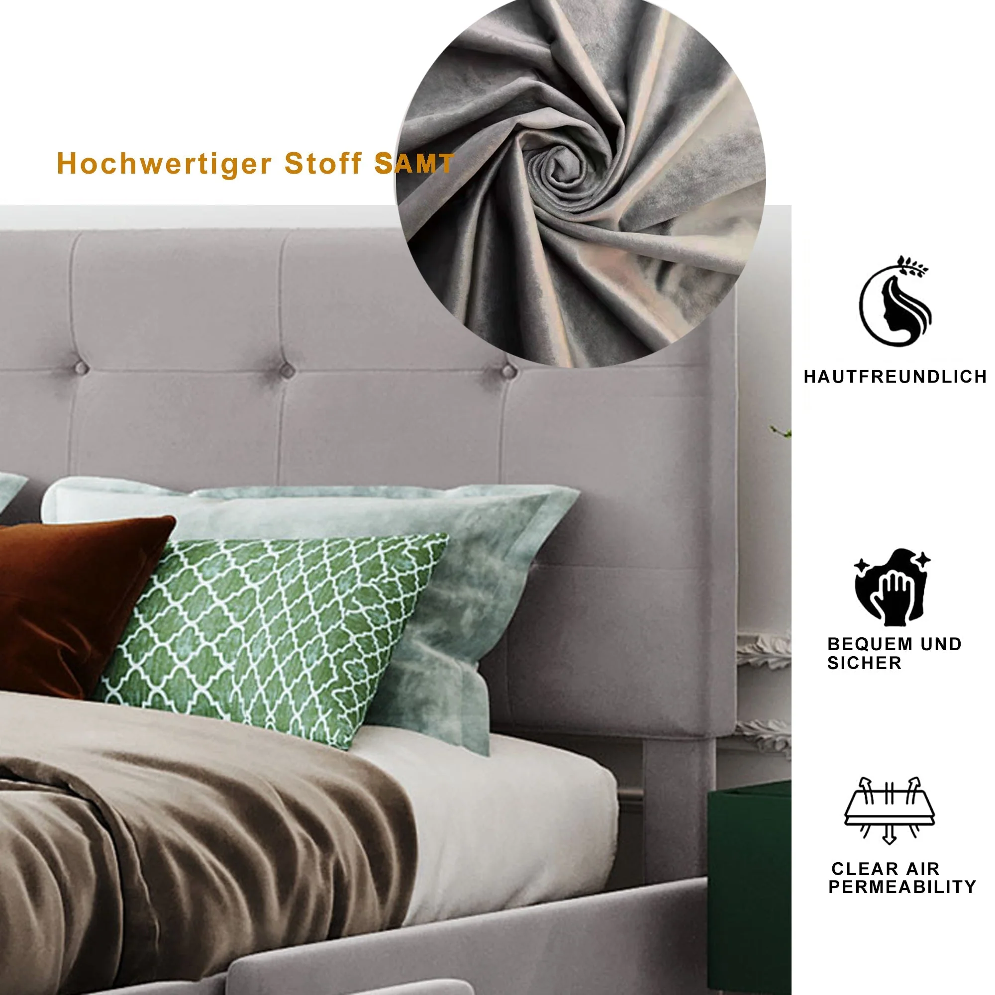 Upholstered Bed, 140x200cm Double with Drawers, Slatted Frame, Backrest, Velvet Fabric Gray - Image 4