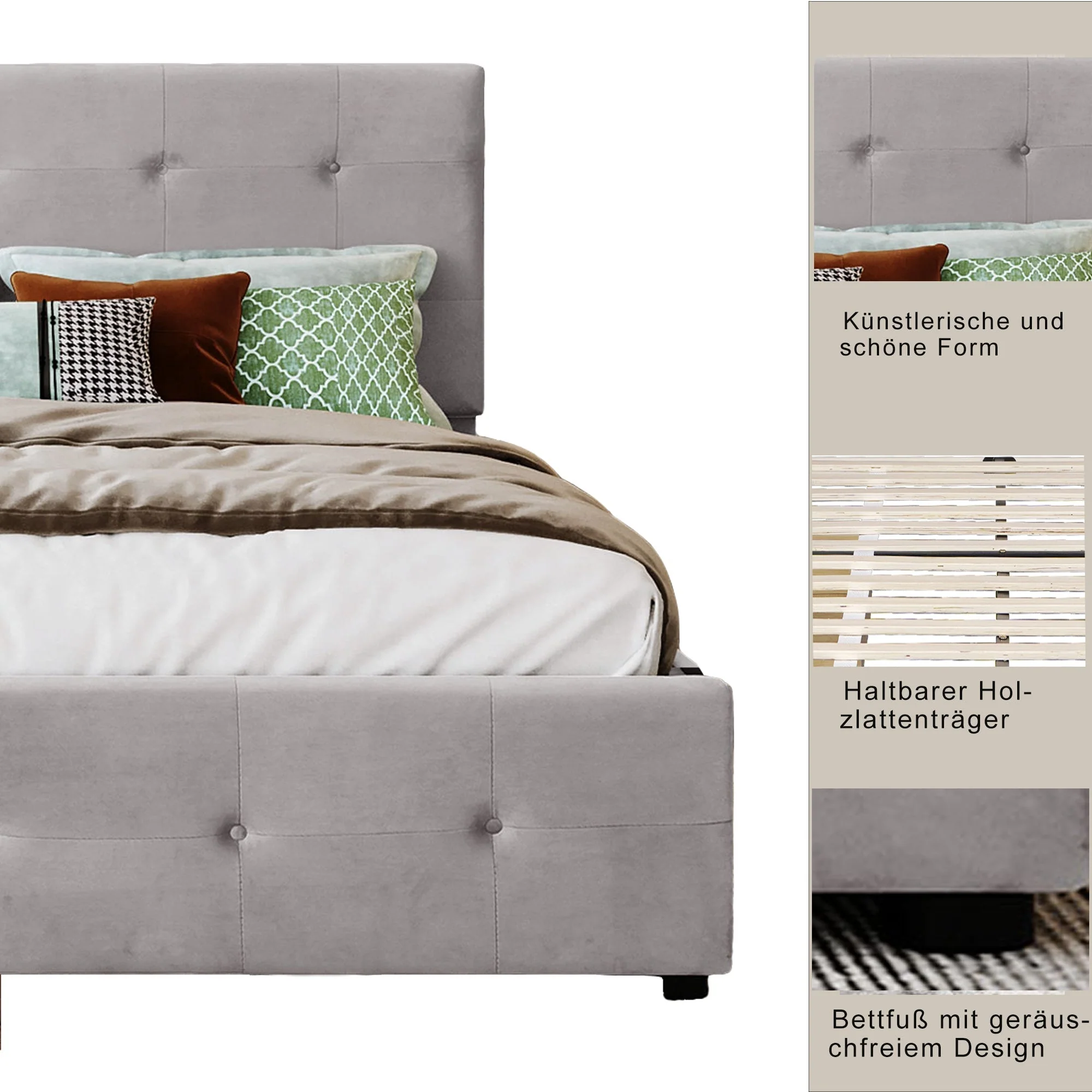 Upholstered Bed, 140x200cm Double with Drawers, Slatted Frame, Backrest, Velvet Fabric Gray - Image 5