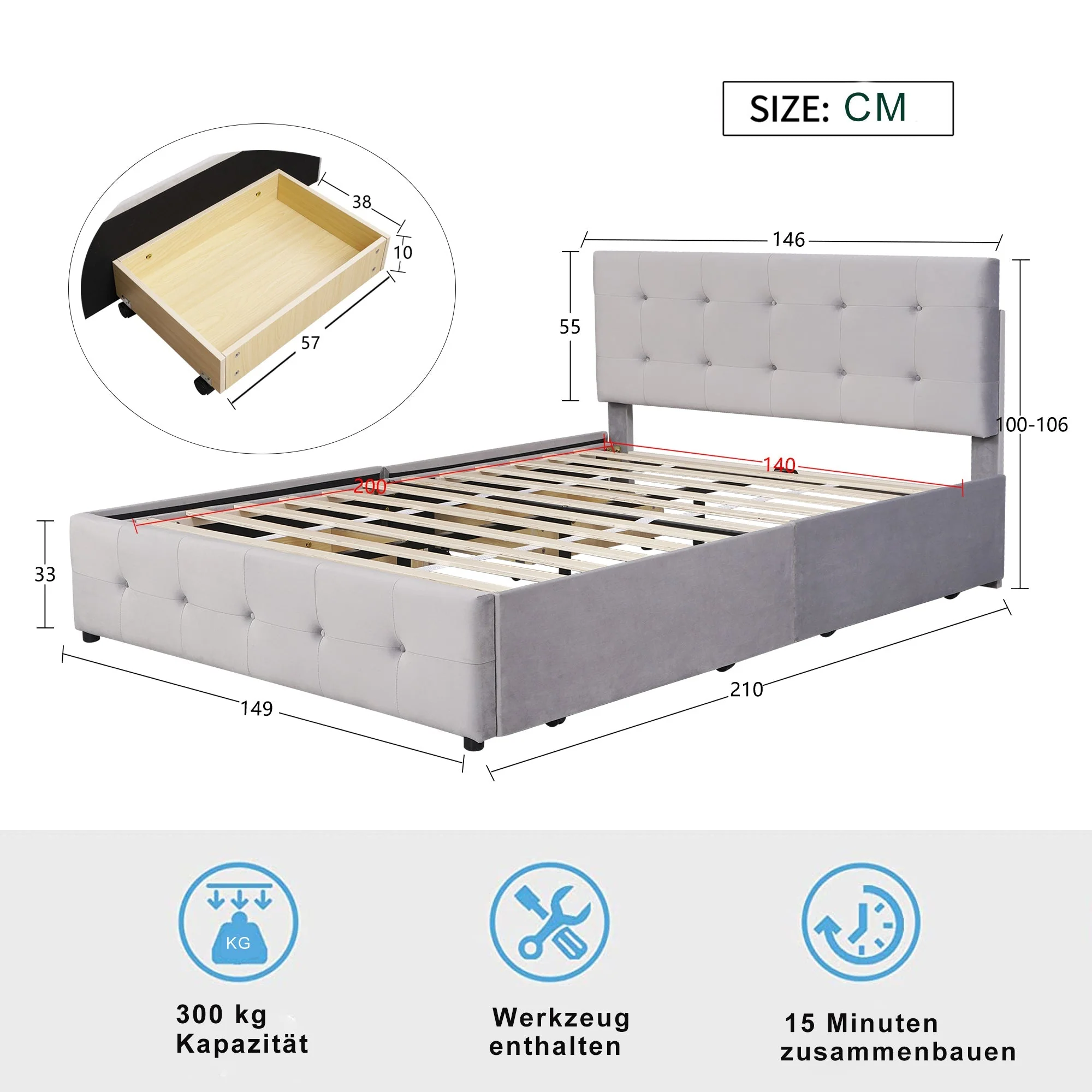 Upholstered Bed, 140x200cm Double with Drawers, Slatted Frame, Backrest, Velvet Fabric Gray - Image 7