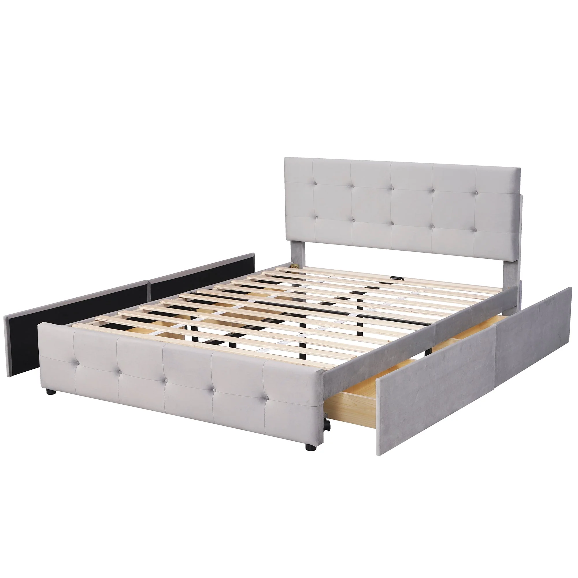 Upholstered Bed, 140x200cm Double with Drawers, Slatted Frame, Backrest, Velvet Fabric Gray - Image 9